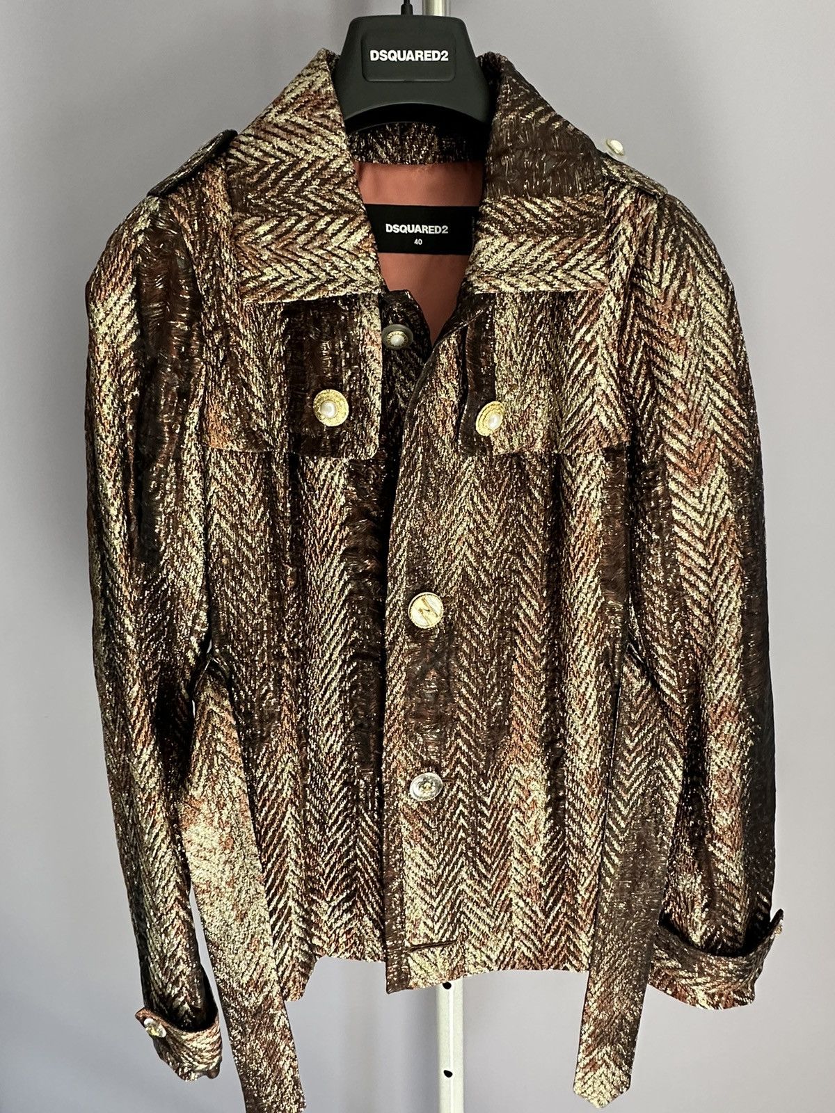 Designer × Dsquared2 Dsquared2 Women's Silk Goldish Belted Light Button Up Jacket Size S / US 4 / IT 40 - 2 Thumbnail