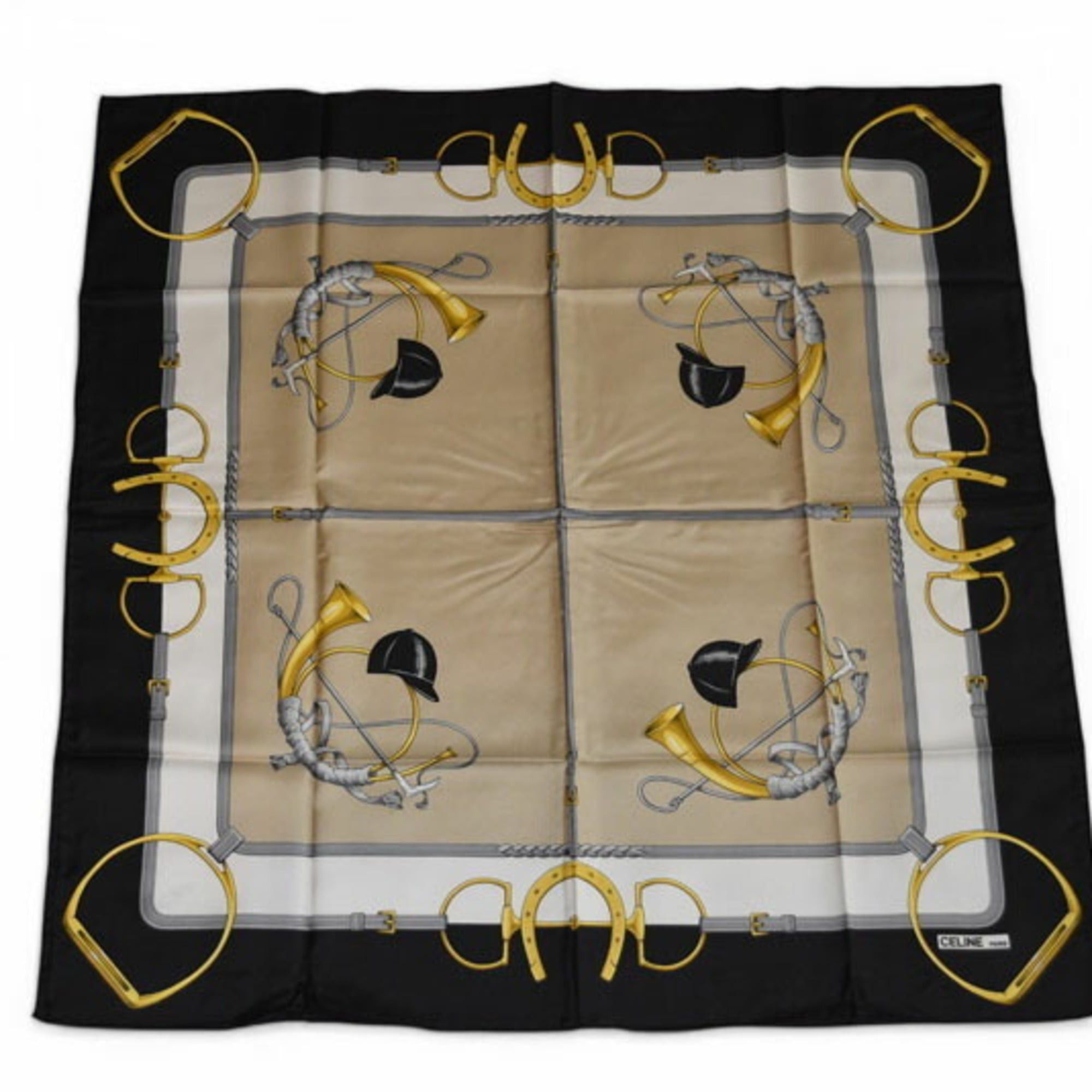 Celine Celine scarf muffler, CELINE Carre 90, carriage, horse tack, gold, white, black. Size ONE SIZE - 1 Thumbnail