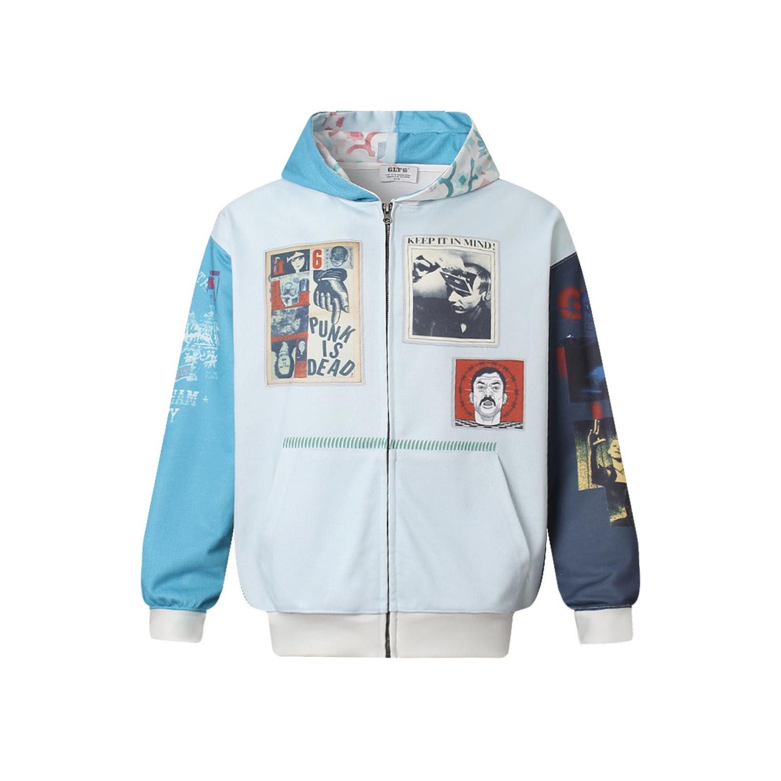 Blue Multi-Print Zip-Up Hoodie Casual Streetwear Hoodie