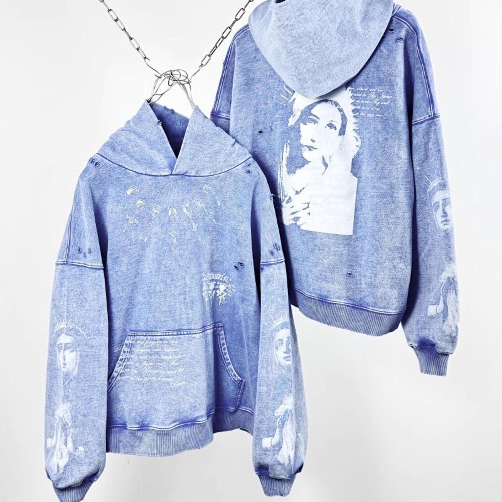 Other Portrait-Print Washed Distressed Pullover Hoodie | Blue Size US M / EU 48-50 / 2 - 4 Thumbnail