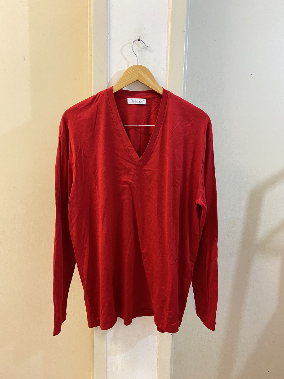 image of Christian Dior Monsieur x Dior Christian Dior Vneck Skinny Longsleeve in Red, Men's (Size Medium)