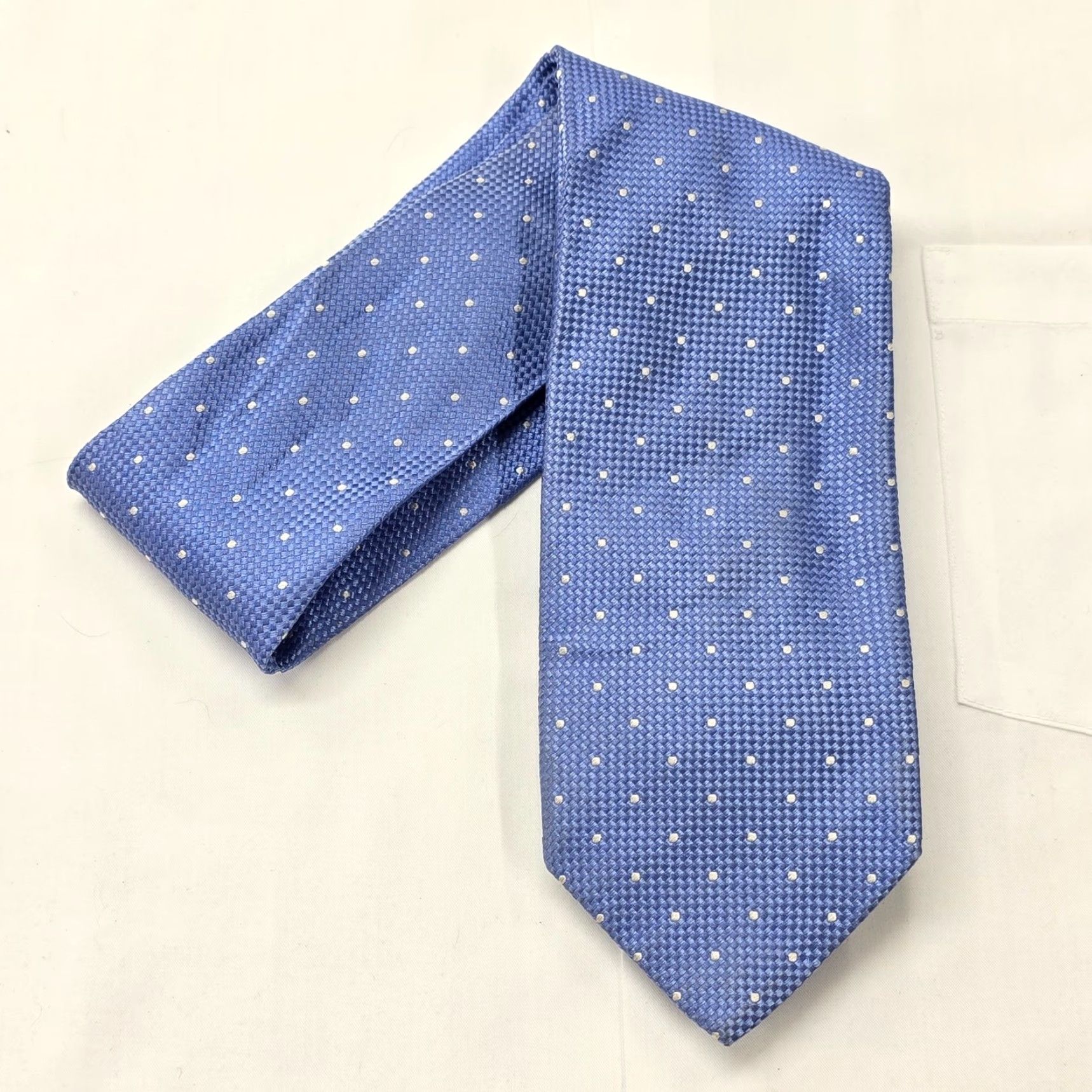 Vintage XMI PLATINUM Men’s 100% Silk Necktie Blue USA Designer White Polka Dots Classic 60.25" X 3.5" Polka Dot Preppy Stylish Officecore Dad Mens Tie Size ONE SIZE - 3 Thumbnail