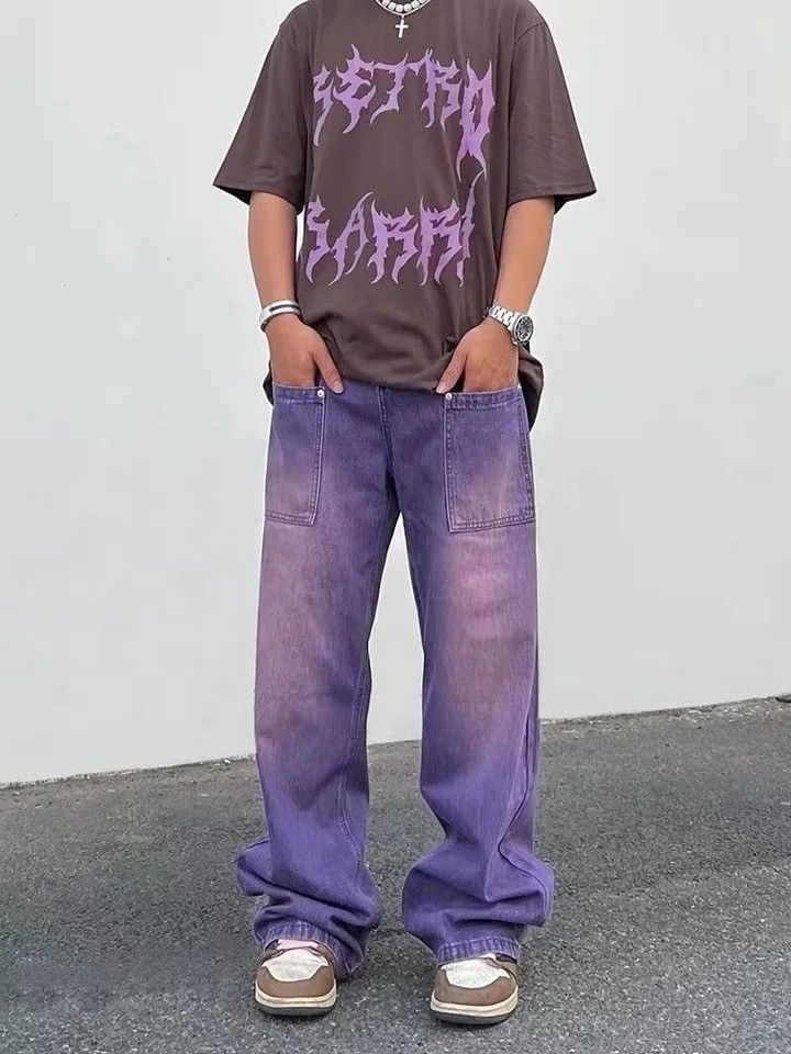image of Distressed Denim Skate Distressed Baggy Cargo Pants in Purple, Men's (Size 34)