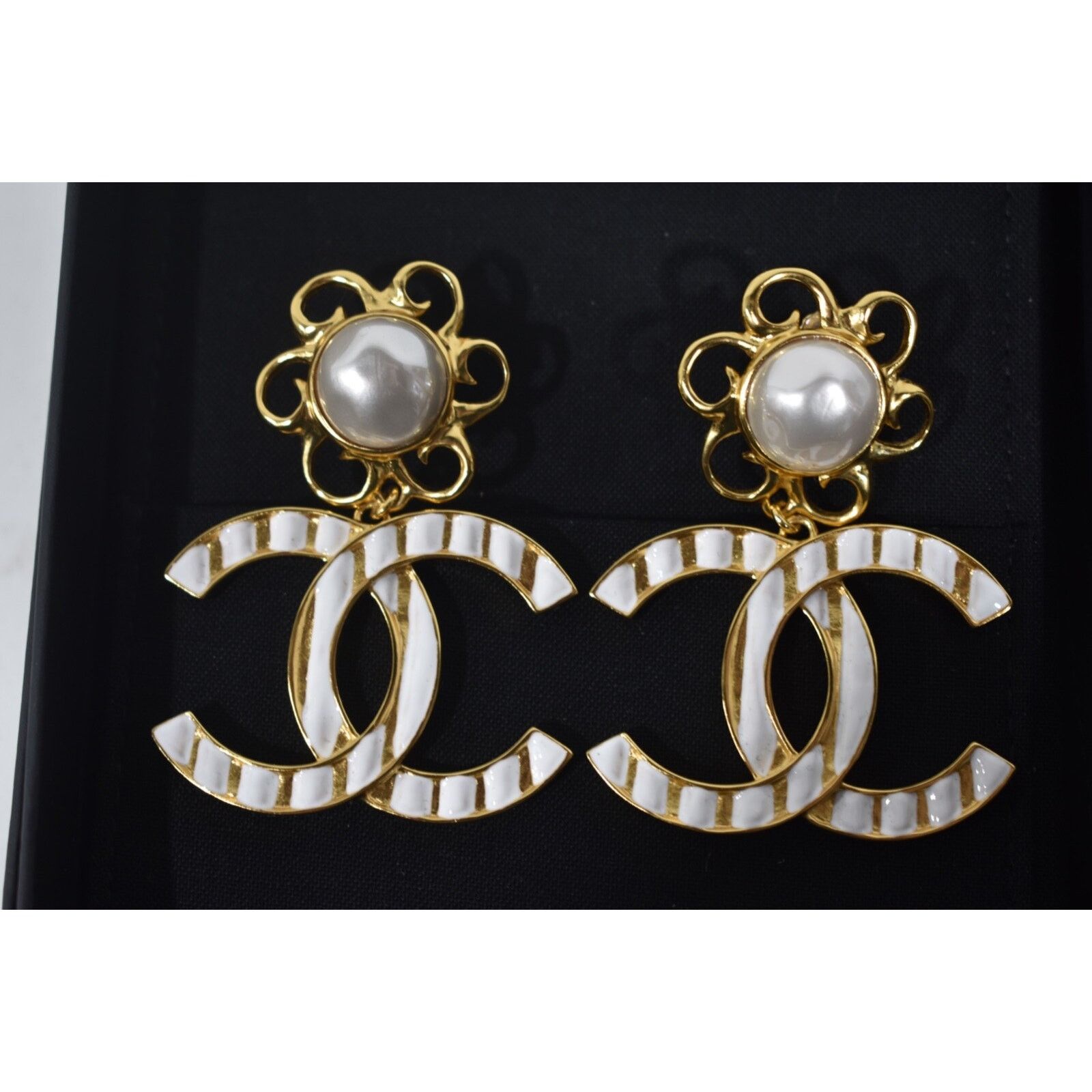 Chanel Chanel Gold White Stripe Dangle Drop Statement Earrings Size ONE SIZE - 1 Thumbnail