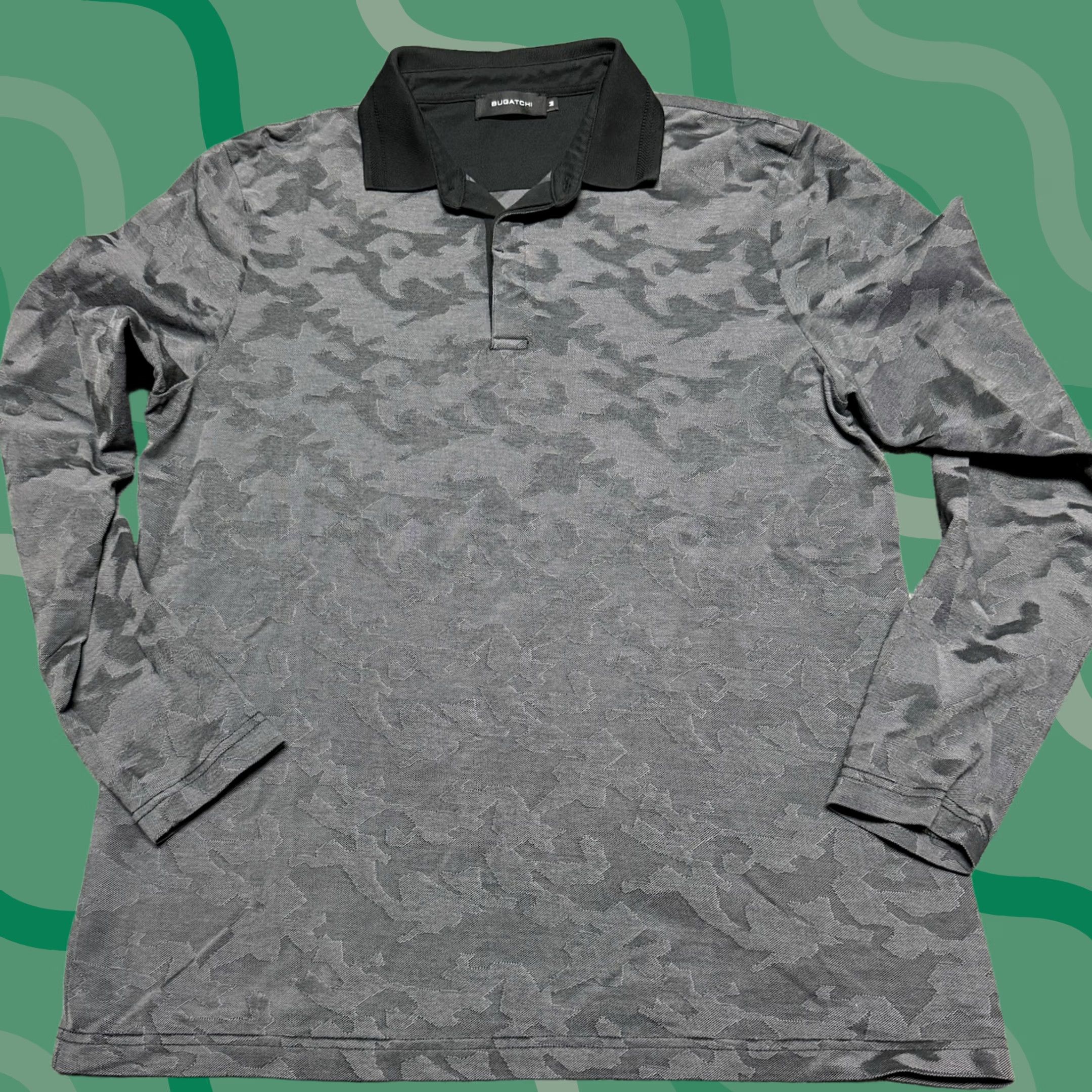 BUGATCHI BUGATCHI Polo Shirt Mens M Camouflage Gray Mercerized Cotton Long Sleeve Golf Button Placket Designer Shirt Mens Regular Size US M / EU 48-50 / 2 - 1 Thumbnail