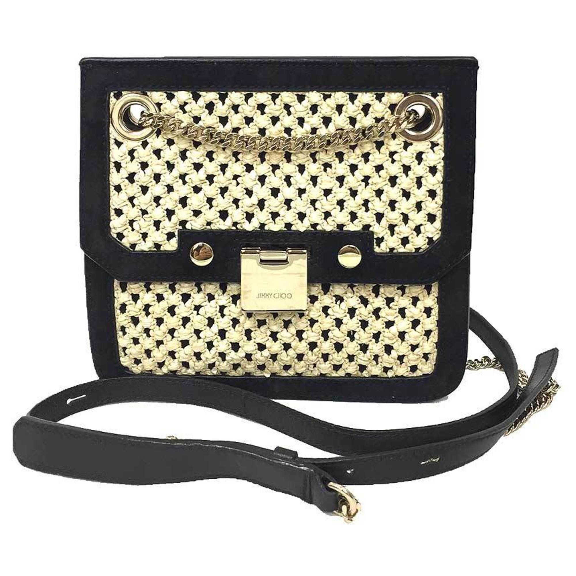 JIMMY CHOO Shoulder Bag in Leather and Straw Black Beige Women's