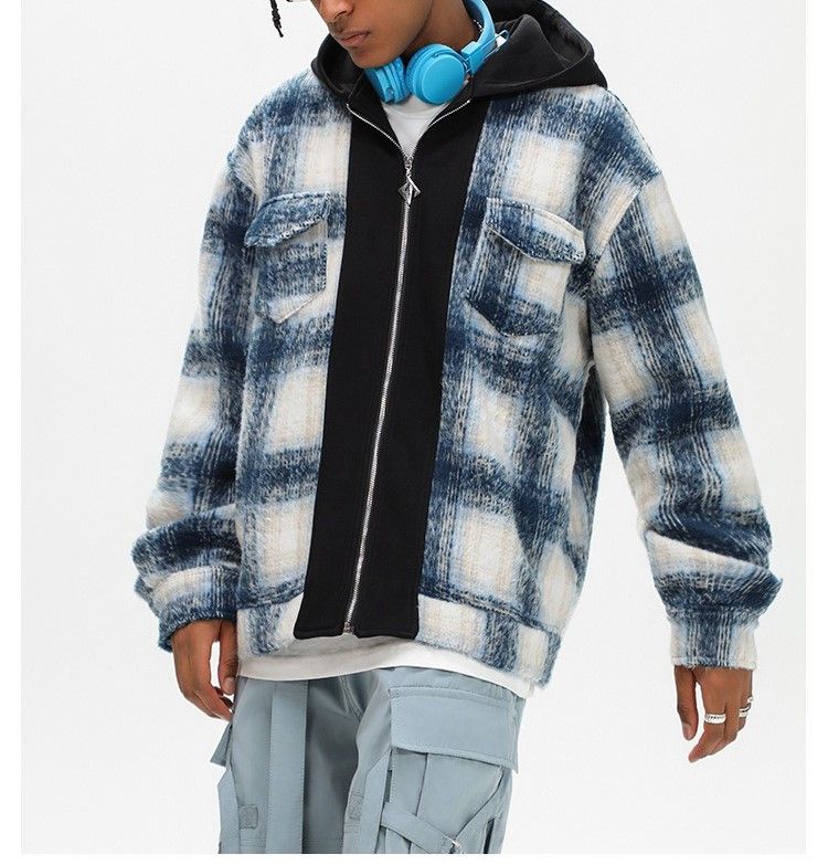image of Flannel Full Zip Hooded Jacket in Blue, Men's (Size Medium)