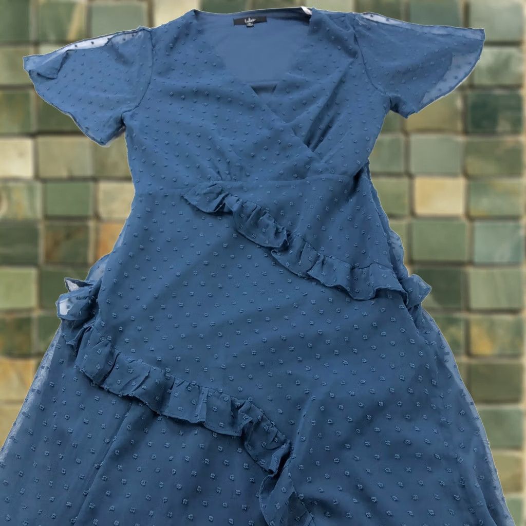 Lulus Lulus Midi Dress Blue Polka Dot A-Line Sleeveless V-Neck Tiered Layered V-Neck Womens XS? No, keep M. Size M / US 6-8 / IT 42-44 - 1 Thumbnail