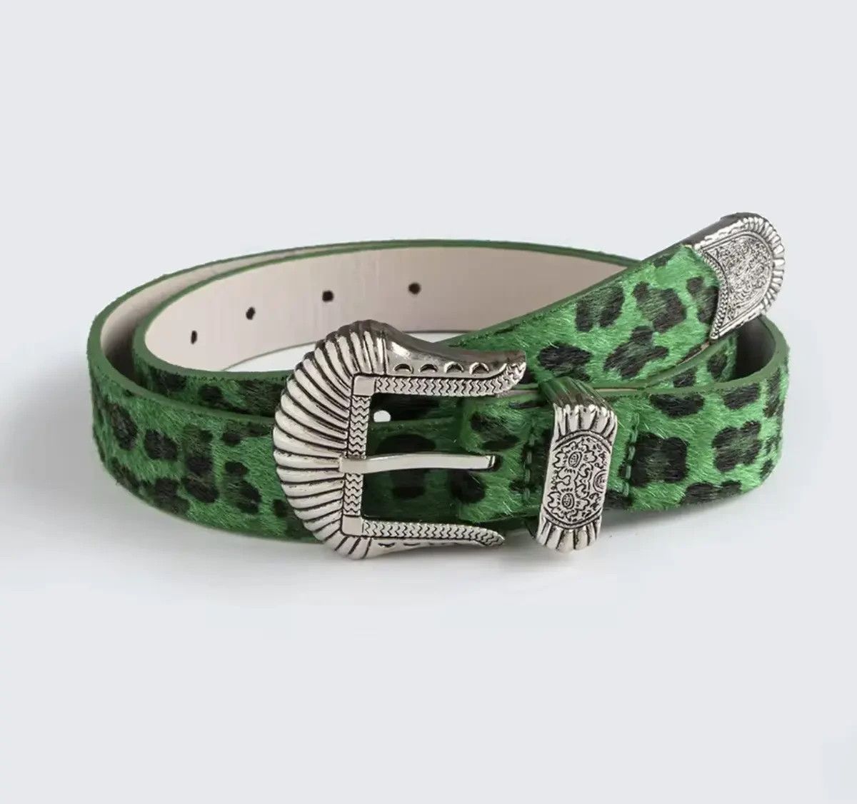 Japanese Brand Green Leopard Print Western PU Leather Belt Size ONE SIZE - 3 Thumbnail