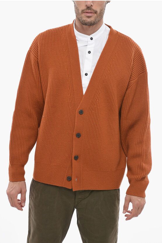 image of Studio Nicholson V-Neck Merino Wool Cardigan in Brown, Men's (Size Medium)