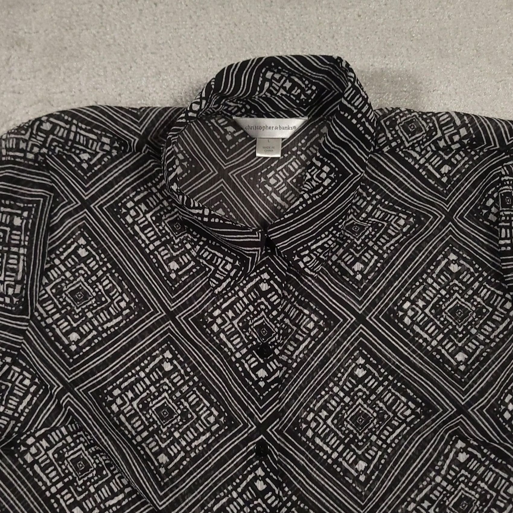 Vintage Christopher & Banks Blouse Womens Large Black White Geometric Print Button Front Size L / US 10 / IT 46 - 3 Thumbnail