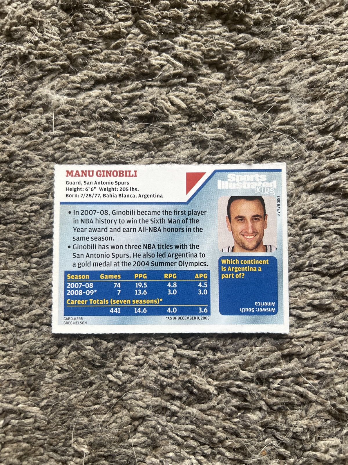 NBA 2009 Sports Illustrated Kids #335 Manu Ginobili Card Size ONE SIZE - 2 Thumbnail