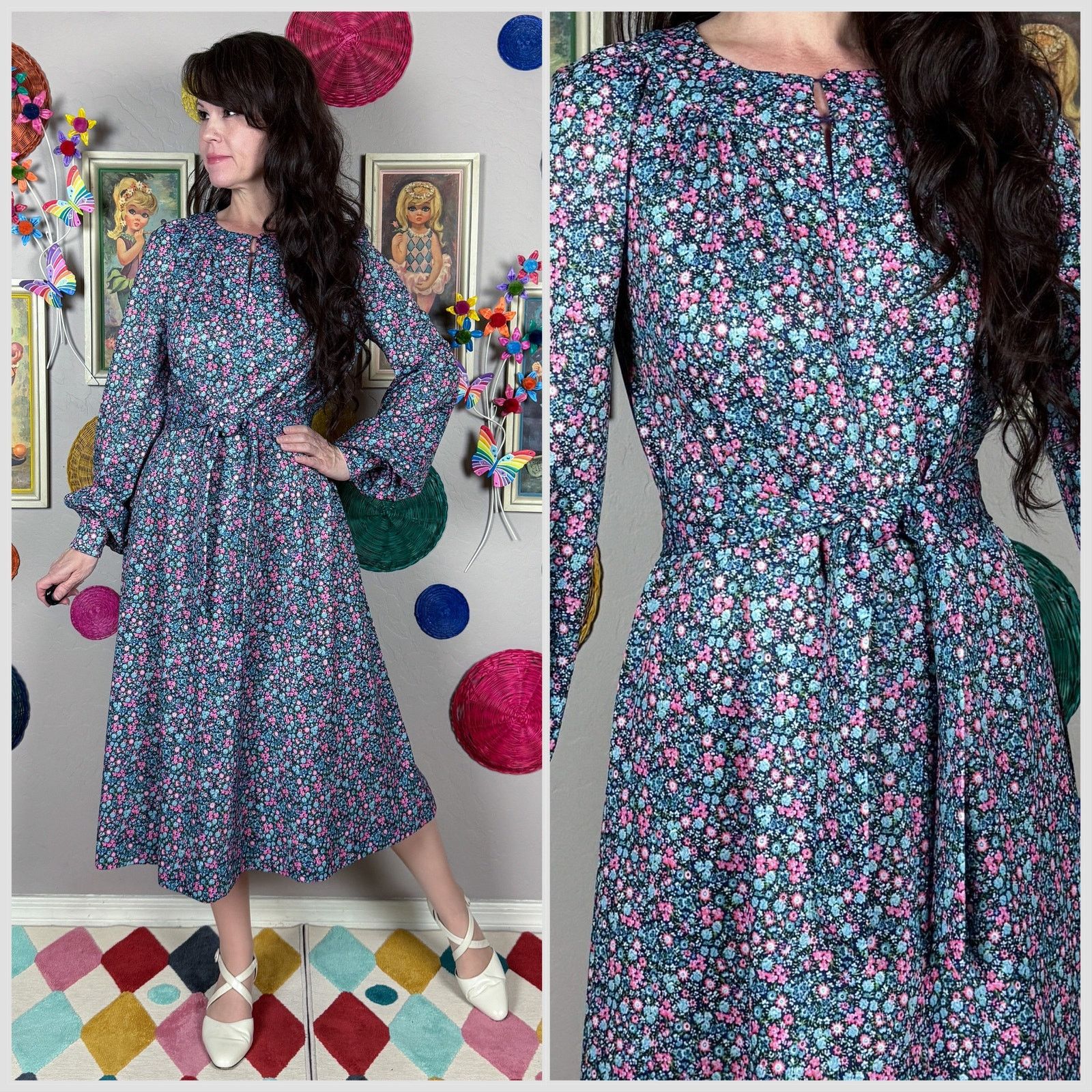 1960s Blue & Pink Ditsy Floral Long Sleeve Belted Midi Dress Midi Dresses
