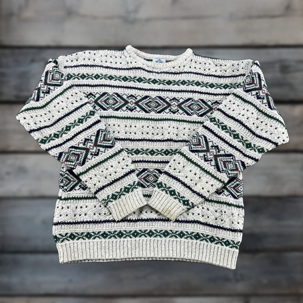 Vintage VINTAGE Cambridge Sweater Mens M White Green Pullover Fair Isle Chunky Knit 90s Cookies? Size US M / EU 48-50 / 2 - 1 Thumbnail