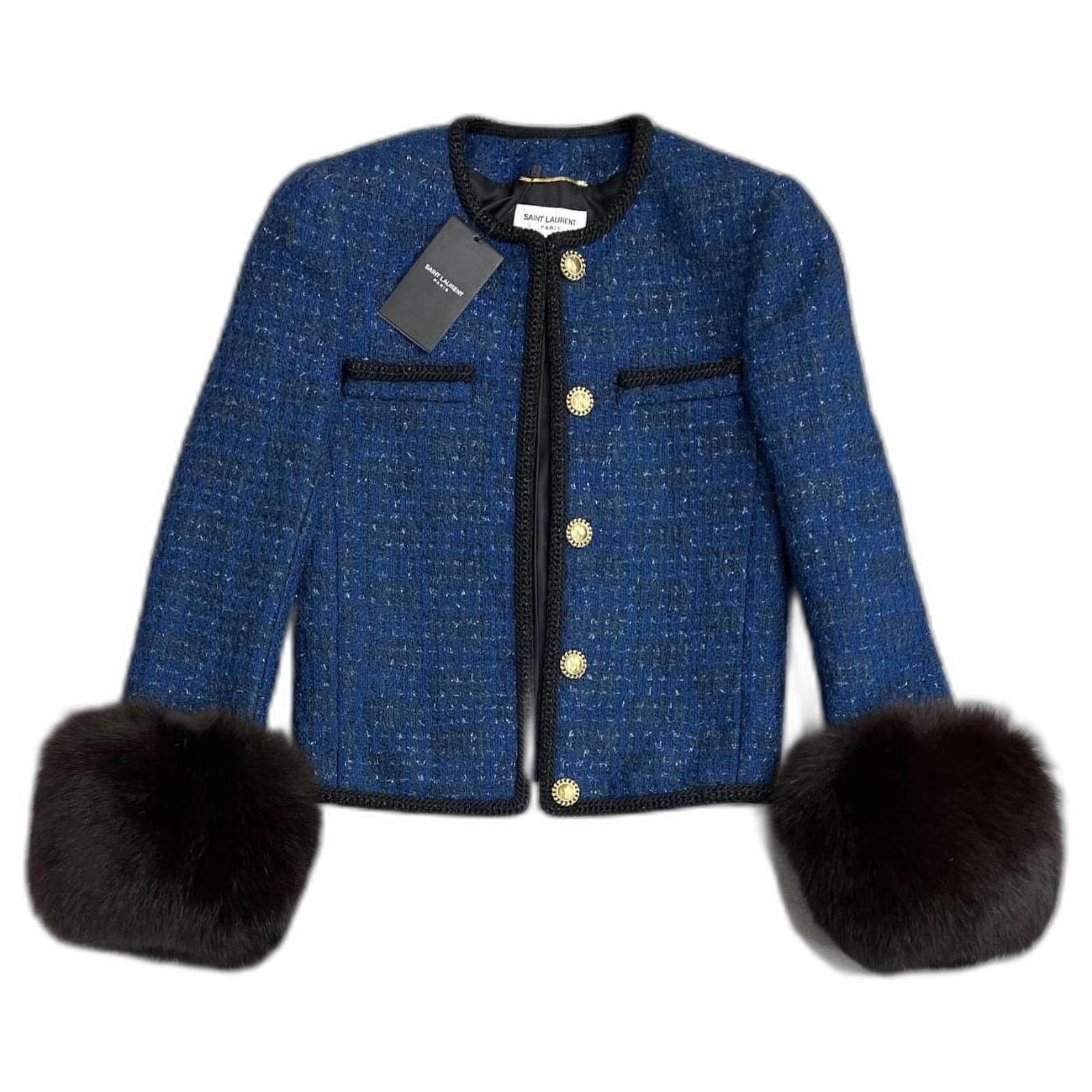 Saint Laurent Paris o1s1wg111224 Tweed Jacket With Faux Fur Cuffs in Blue/Black Size S / US 4 / IT 40 - 1 Thumbnail