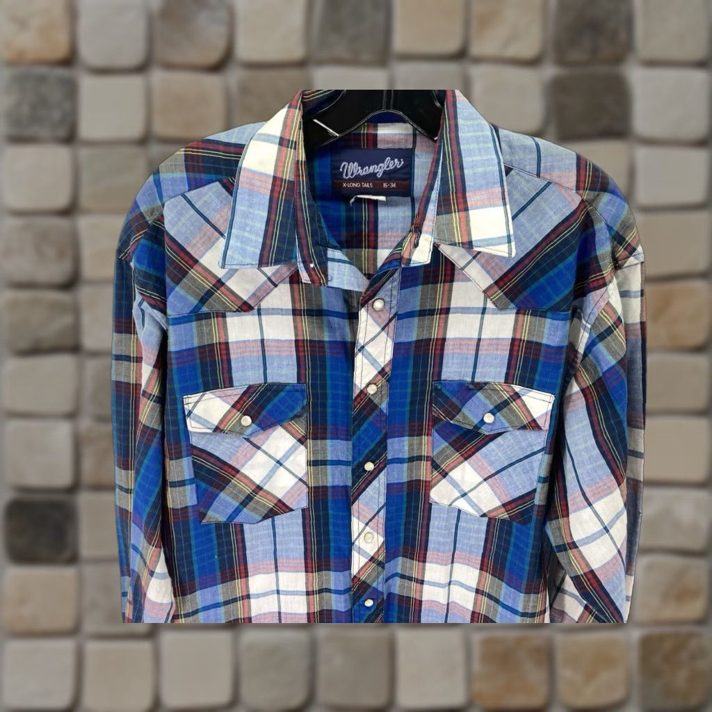 Wrangler VINTAGE Wrangler Pearl Snap Shirt Men Medium 16/34 Blue Plaid Long Sleeve Western VTG Size US M / EU 48-50 / 2 - 1 Thumbnail