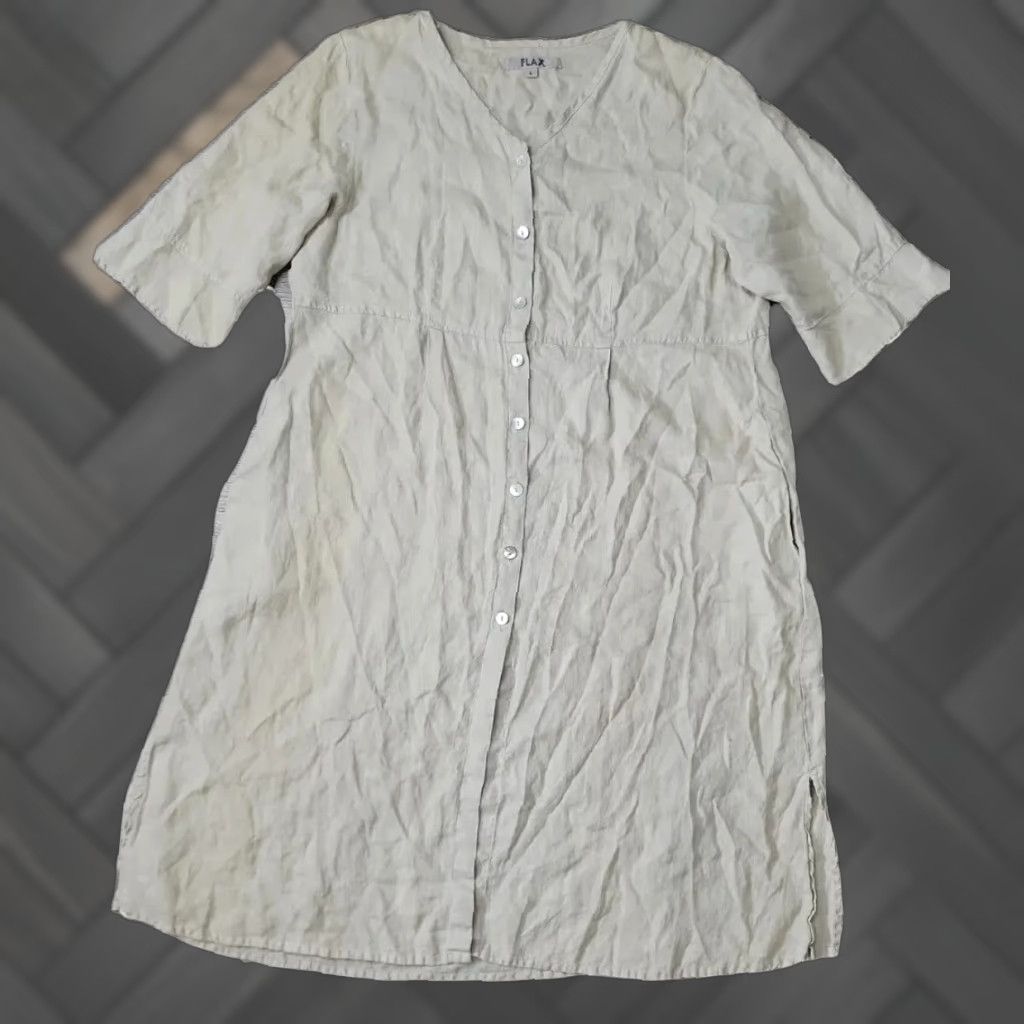 VINTAGE FLAX Linen Dress Duster Lagenlook Cottagecore Art Boho Women's LARGE Beige Linen Dress Duster 44.5