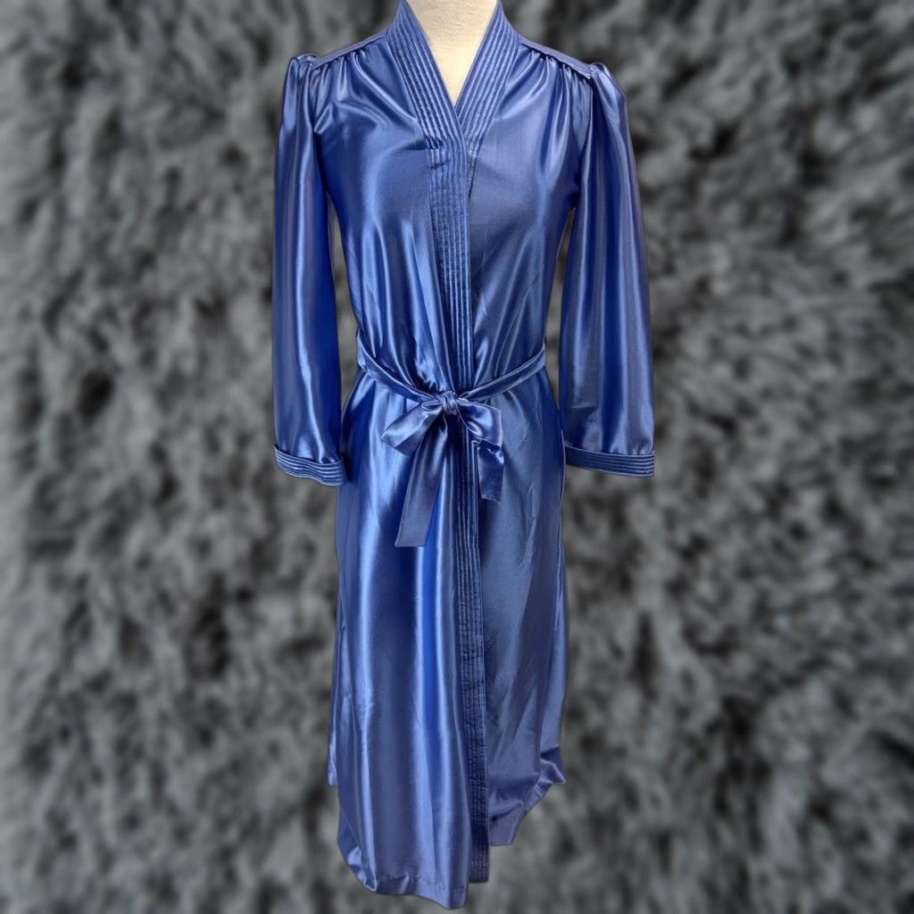 CO VINTAGE Barad & Co Satin Robe Petite (XS/S) Blue 1970s Lounge Womens Union Made USA Size ONE SIZE - 1 Thumbnail