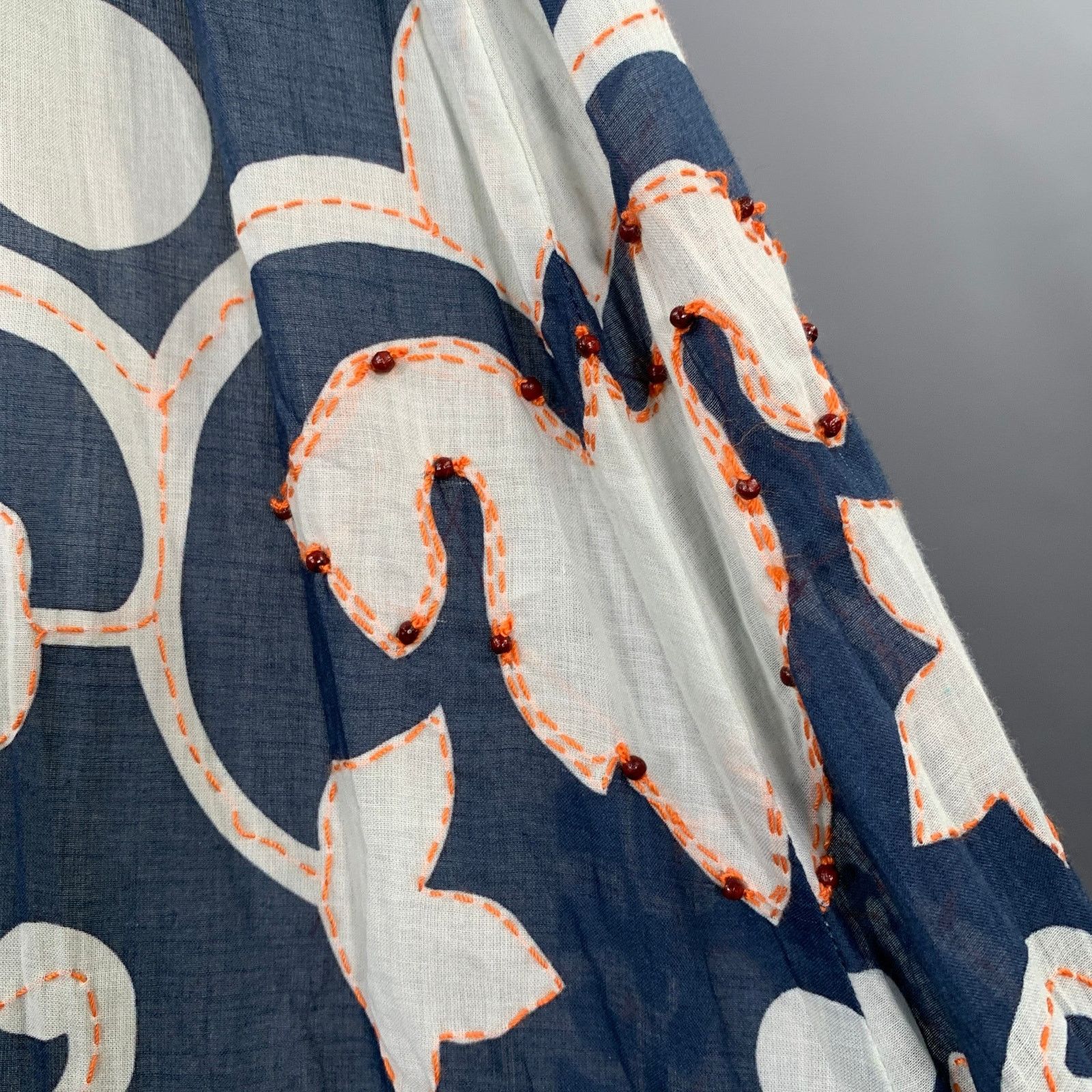 Polo Ralph Lauren Size 4 Blue White Cotton Abstract Floral Beaded Midi Skirt Size 27" / US 4 / IT 40 - 2 Thumbnail