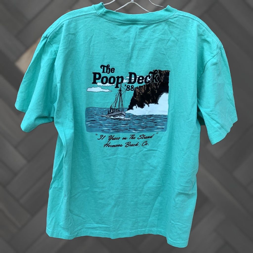 Anvil VINTAGE Anvil T-Shirt Pocket Tee Shirt 80s 1980s Hermosa Beach POOP DECK The ‘88 XL Green Cotton Mens Size US XL / EU 56 / 4 - 1 Thumbnail