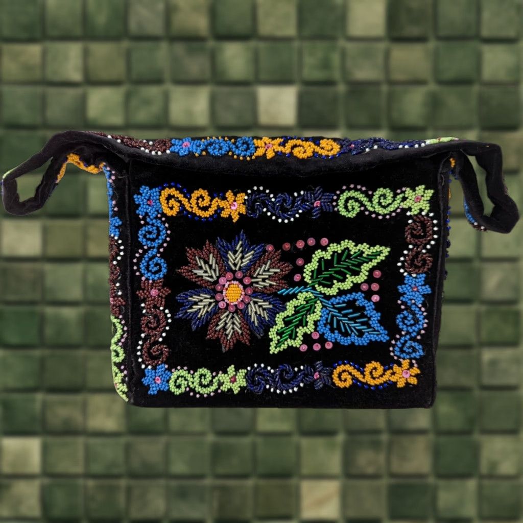 Velvet VTG Black Velvet Floral Beaded Embellished Bag Handbag Purse Women KP21 Antique Size ONE SIZE - 1 Thumbnail