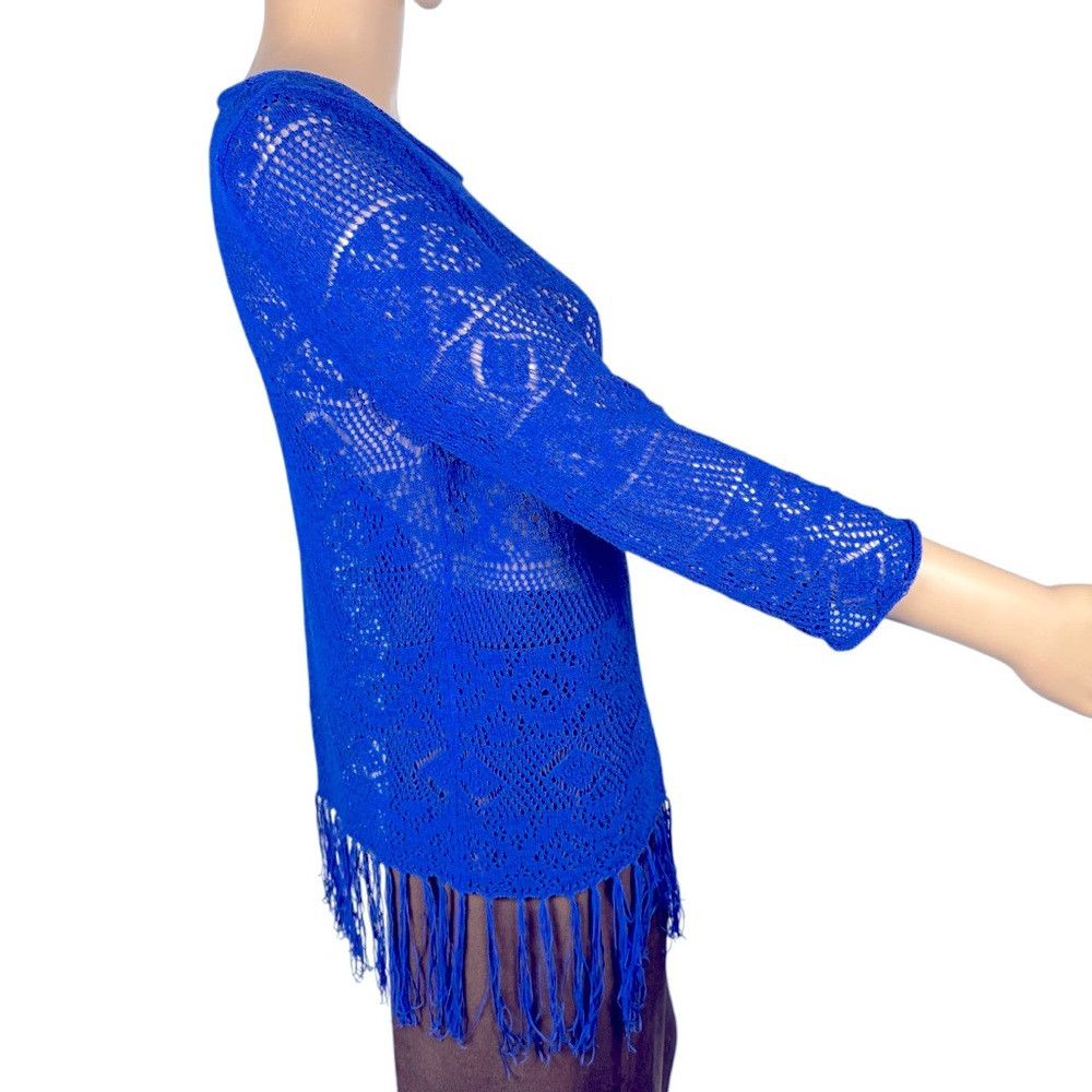 Chicos Chico's Blue Knit 3/4 Sleeve Fringe Top Size 2 US L Size L / US 10 / IT 46 - 3 Thumbnail