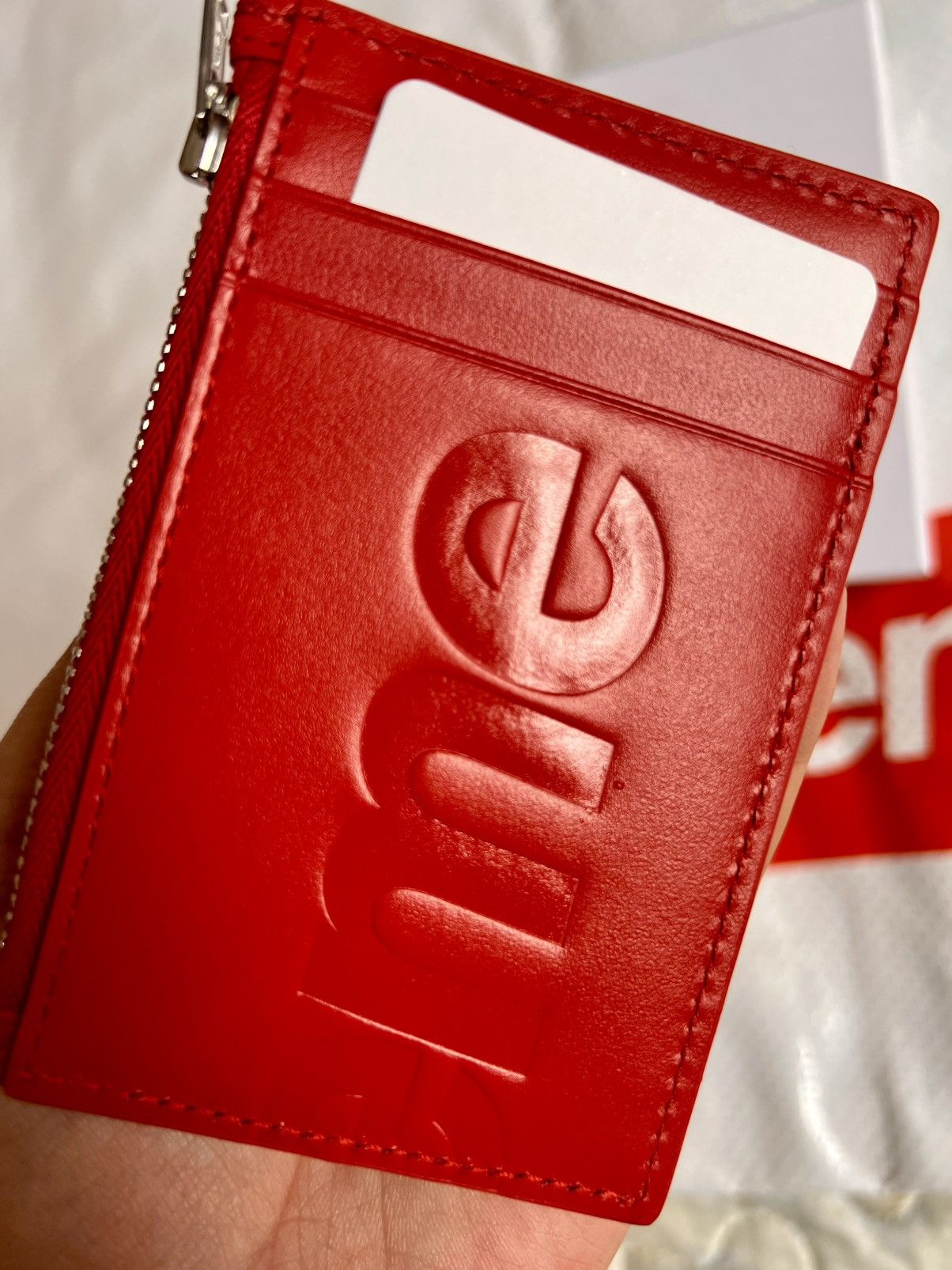 Supreme SUPREME Leather zip card holder Wallet red calfskin logo Size ONE SIZE - 7 Thumbnail