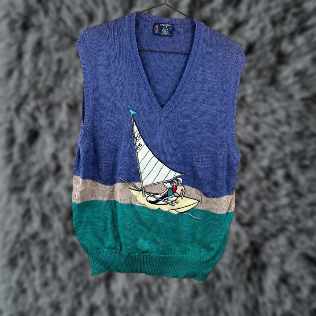 Nautica VINTAGE Wakefield Sweater Vest Blue Sailboat Embroidery L Men’s Knack Kennth Gordon 80s Nautical Beige Green USA Size US L / EU 52-54 / 3 - 1 Thumbnail