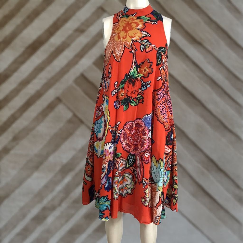 Vintage VINTAGE? (note: original not vintage) Marve Orange Floral Sleeveless Mock Neck A-Line Midi Dress XXS Size XXS / US 00 / IT 34 - 1 Thumbnail