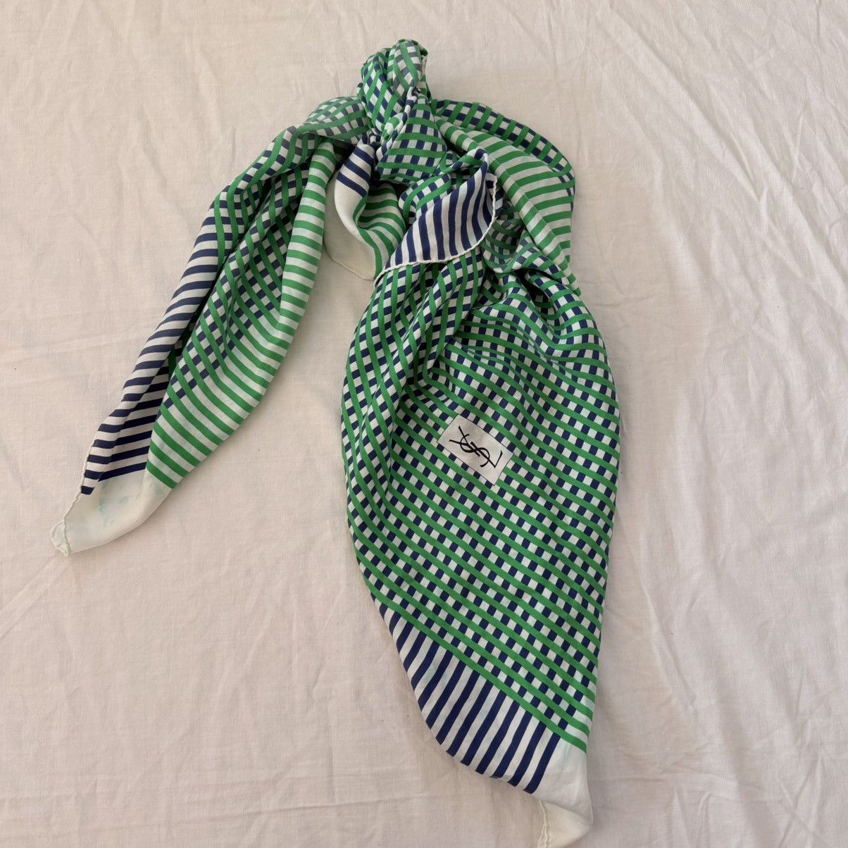 Yves Saint Laurent Vintage YSL Silk Scarf 33x33 Green Blue Check Stripe Size ONE SIZE - 5 Thumbnail