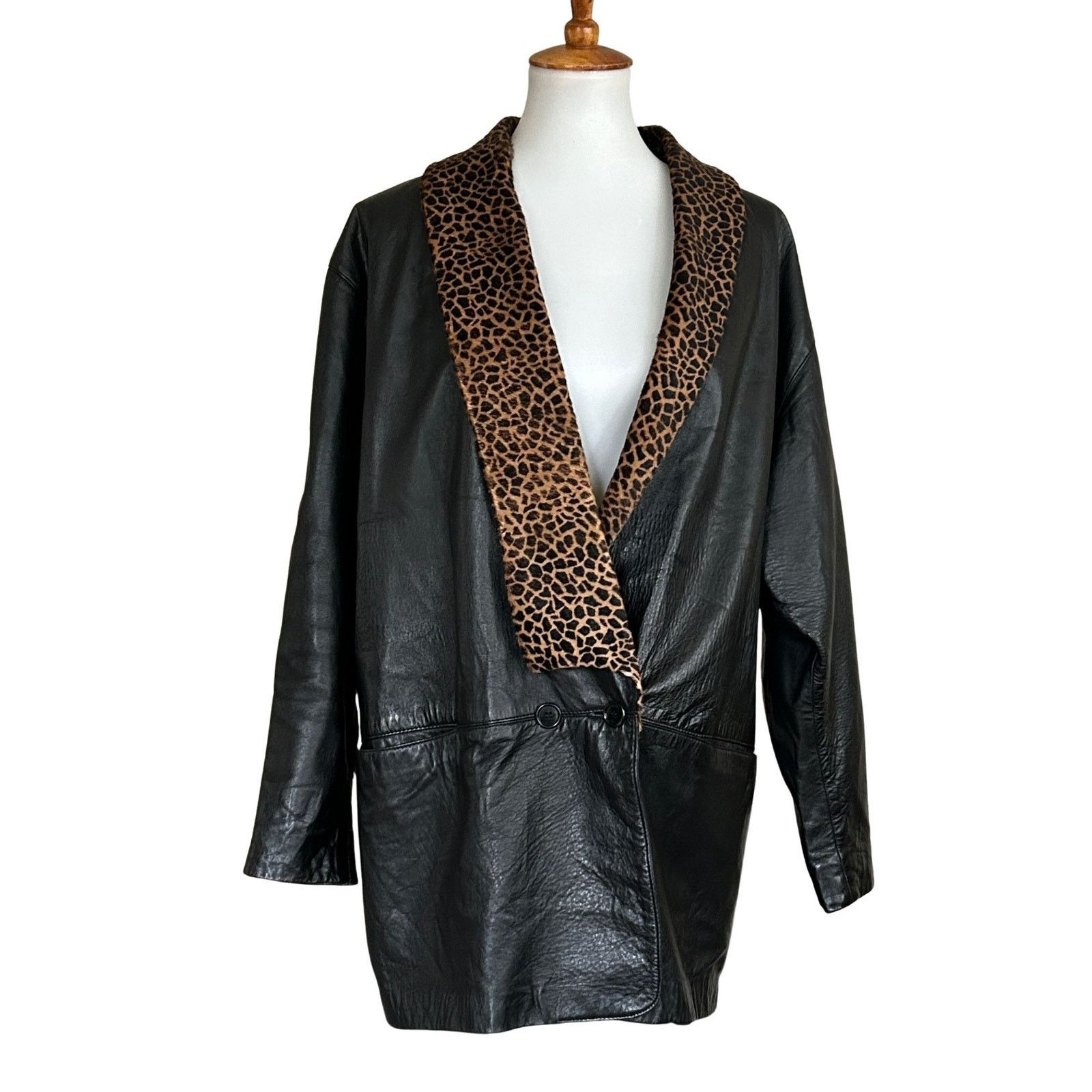 Vintage Vintage 1990s Black Leather Coat Pony Hair Collar Size M / US 6-8 / IT 42-44 - 7 Thumbnail