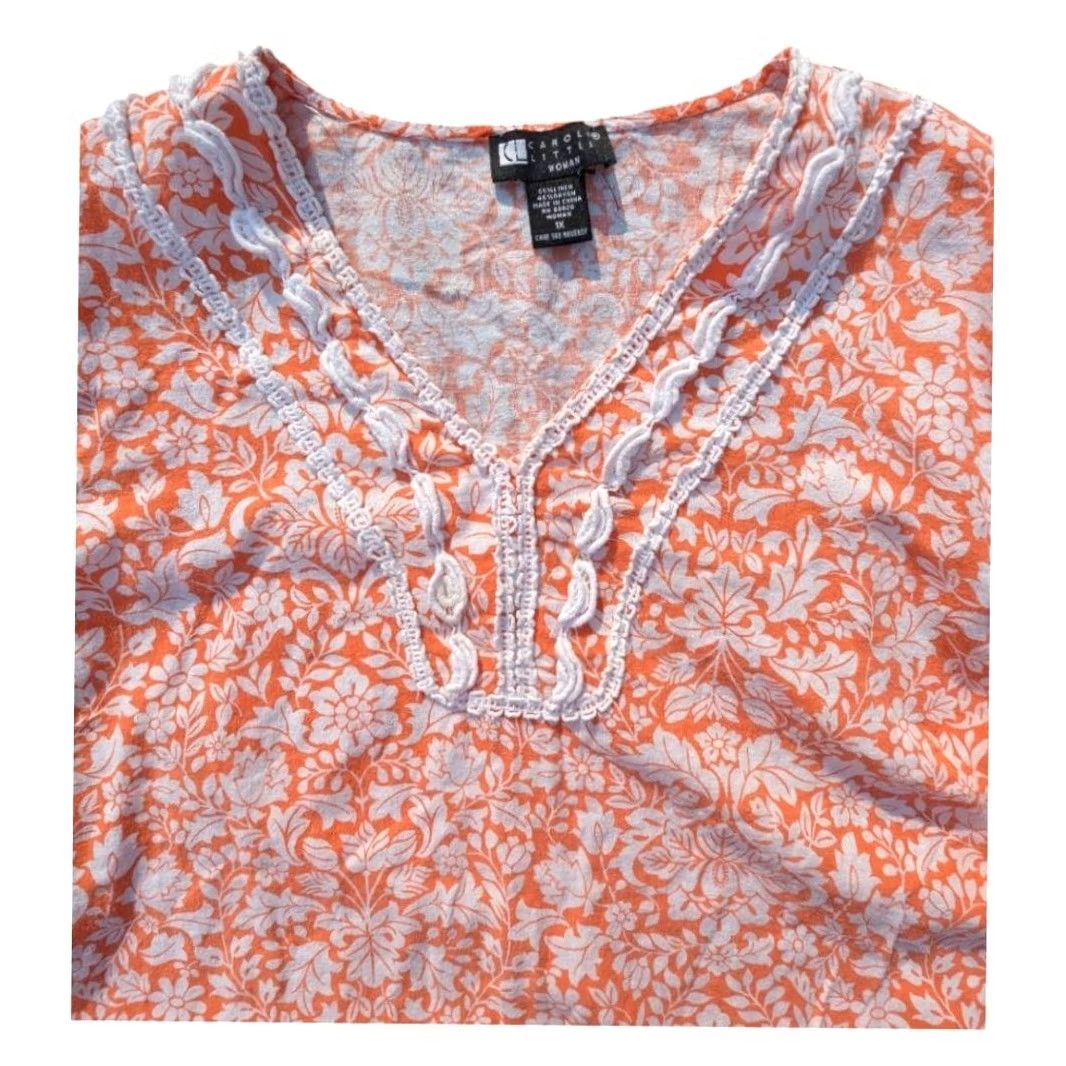 Vintage VINTAGE Carole Little Orange White Floral Top Women's 1X Linen Blend Size XL / US 12-14 / IT 48-50 - 4 Thumbnail