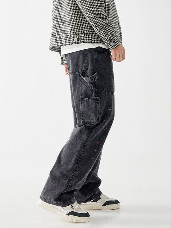Japanese Brand Men's street splatter paint workwear patchwork black jeans Size US 32 / EU 48 - 3 Thumbnail