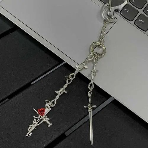 Jewelry Silver Sword and Rose Cross Keychain, Gothic Charm Size ONE SIZE - 6 Thumbnail