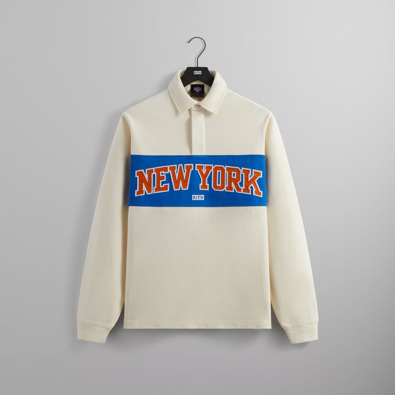 Image of Kith For The New York Knicks Long Sleeve Rugby Shirt in Cream, Men's (Size 2XL)