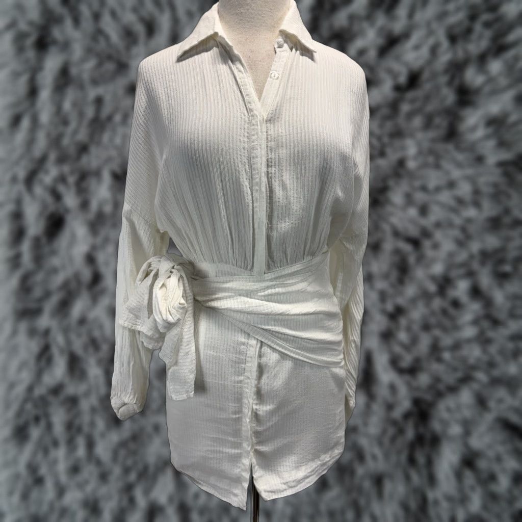 Vintage Atoir The Ava Shirt Dress - Womens Size 6 White Banana Fiber Mini Tie Waist Size M / US 6-8 / IT 42-44 - 1 Thumbnail