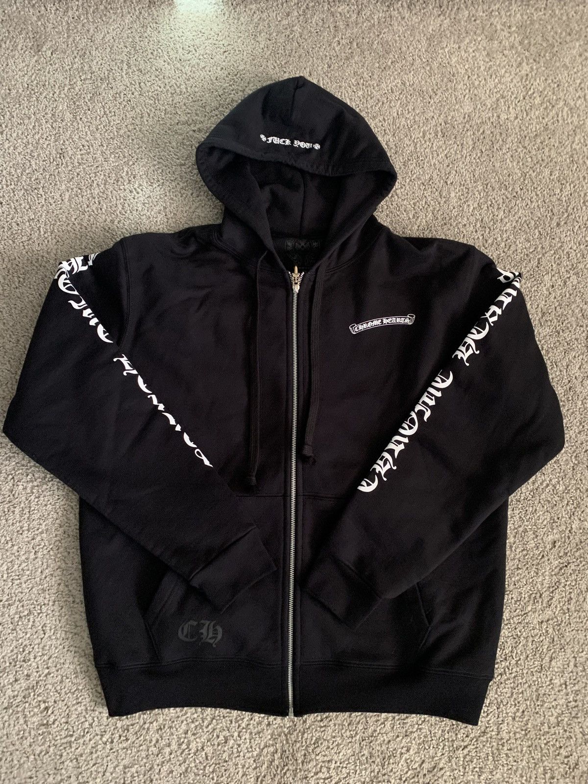 image of Chrome Hearts ‘Fu Scroll Logo’ Zip Up Thermal Hoodie Size L in Black, Men's