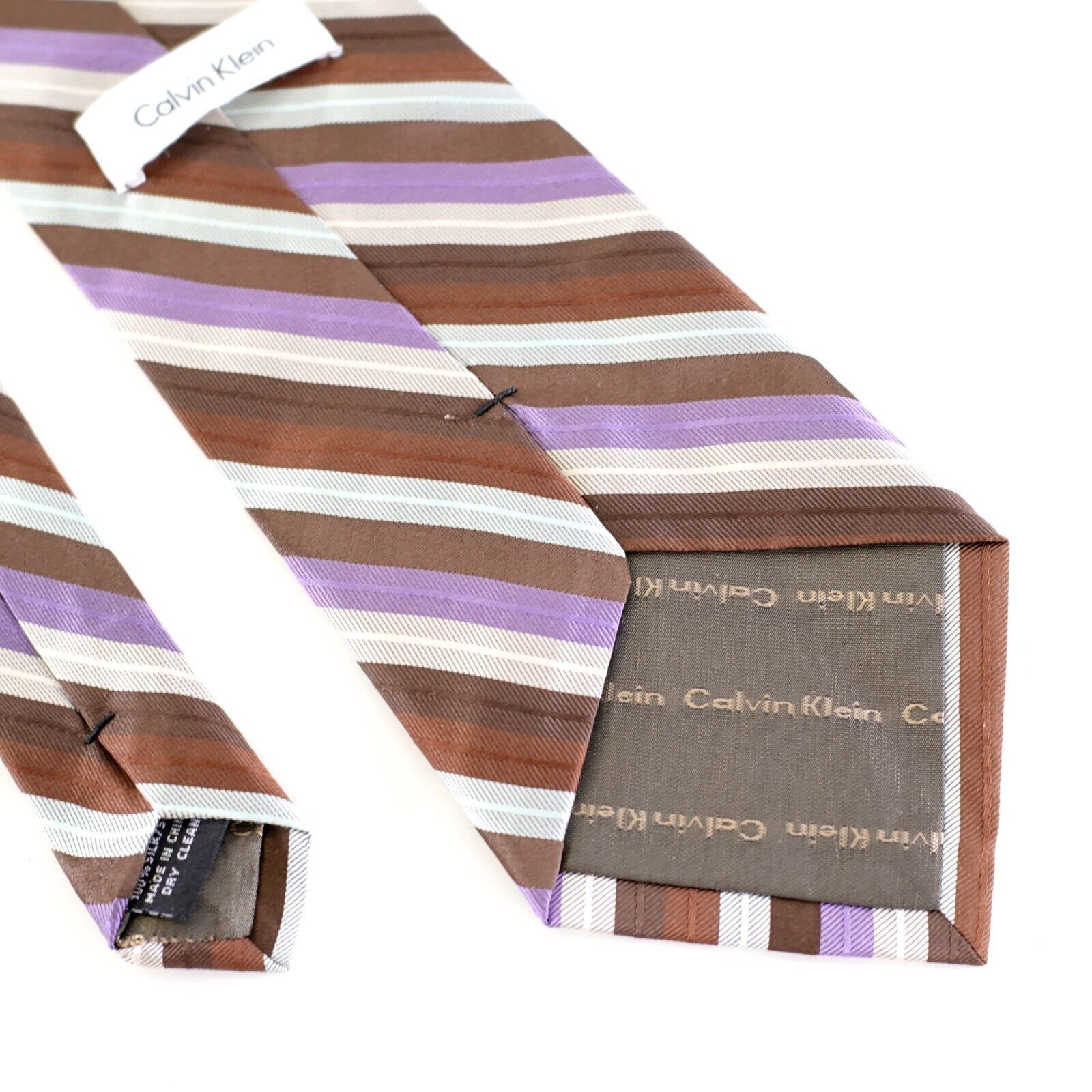 Calvin Klein Calvin Klein Brown Tan Purple Silver Striped Woven Wide Silk Size ONE SIZE - 5 Thumbnail