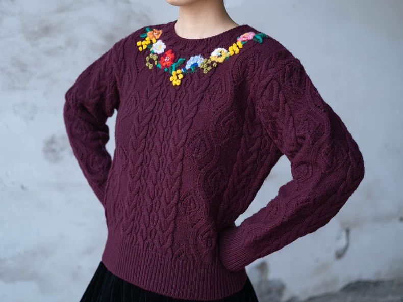 KENZO Red embroidered floral knit sweater with wine red ac