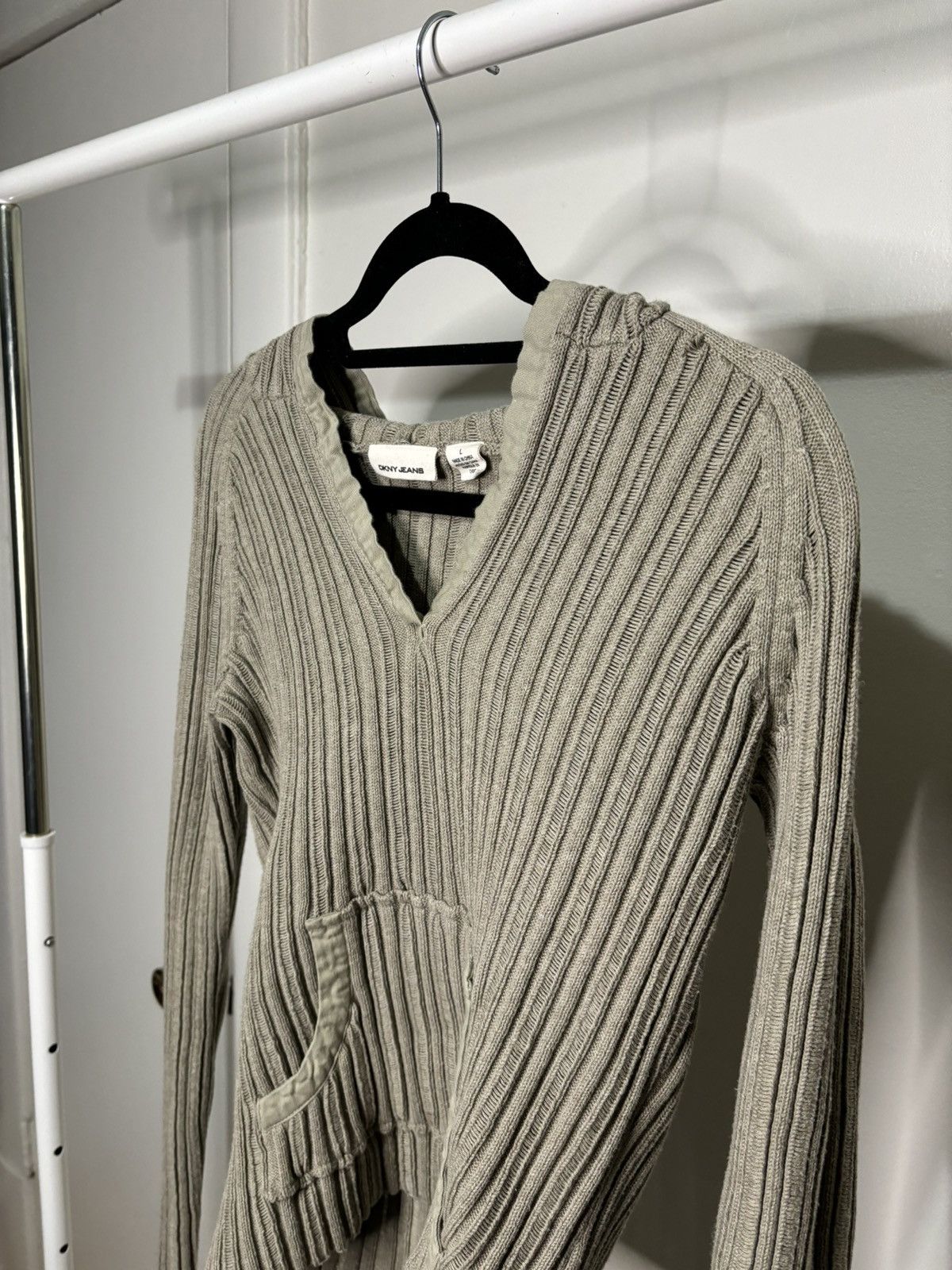 DKNY × Vintage Vintage Y2K DKNY Beige Knit Hoodie Sweater Size L / US 10 / IT 46 - 2 Thumbnail