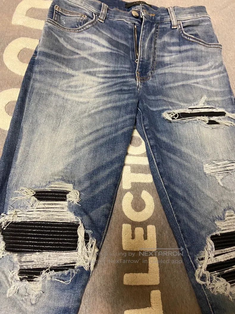 Amiri Amiri MX1 patch leather washed stone blue denim jeans Size US 29 - 3 Thumbnail
