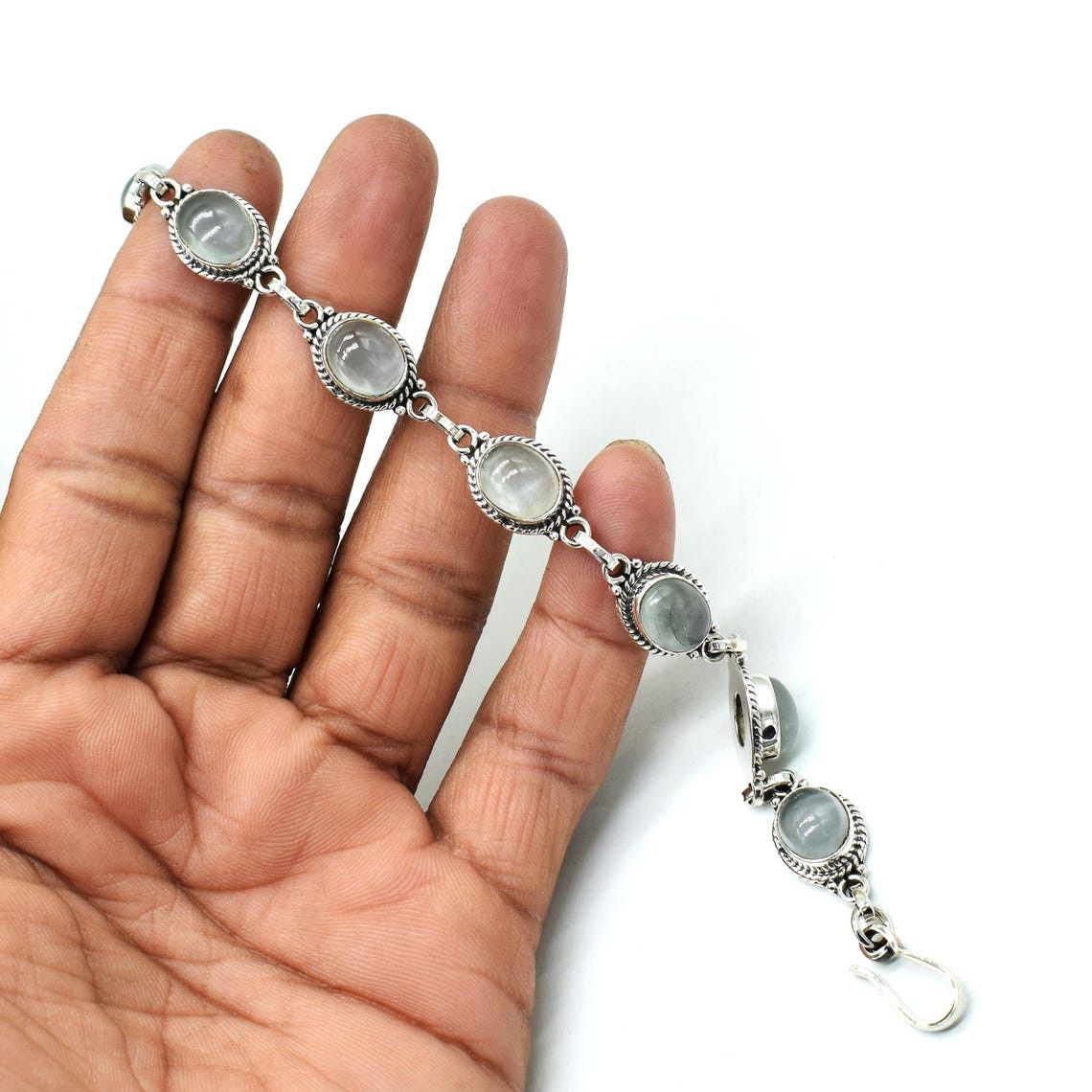 Handmade Genuine milky Aquamarine Gemstone 925 Silver Bracelet Size ONE SIZE - 5 Thumbnail