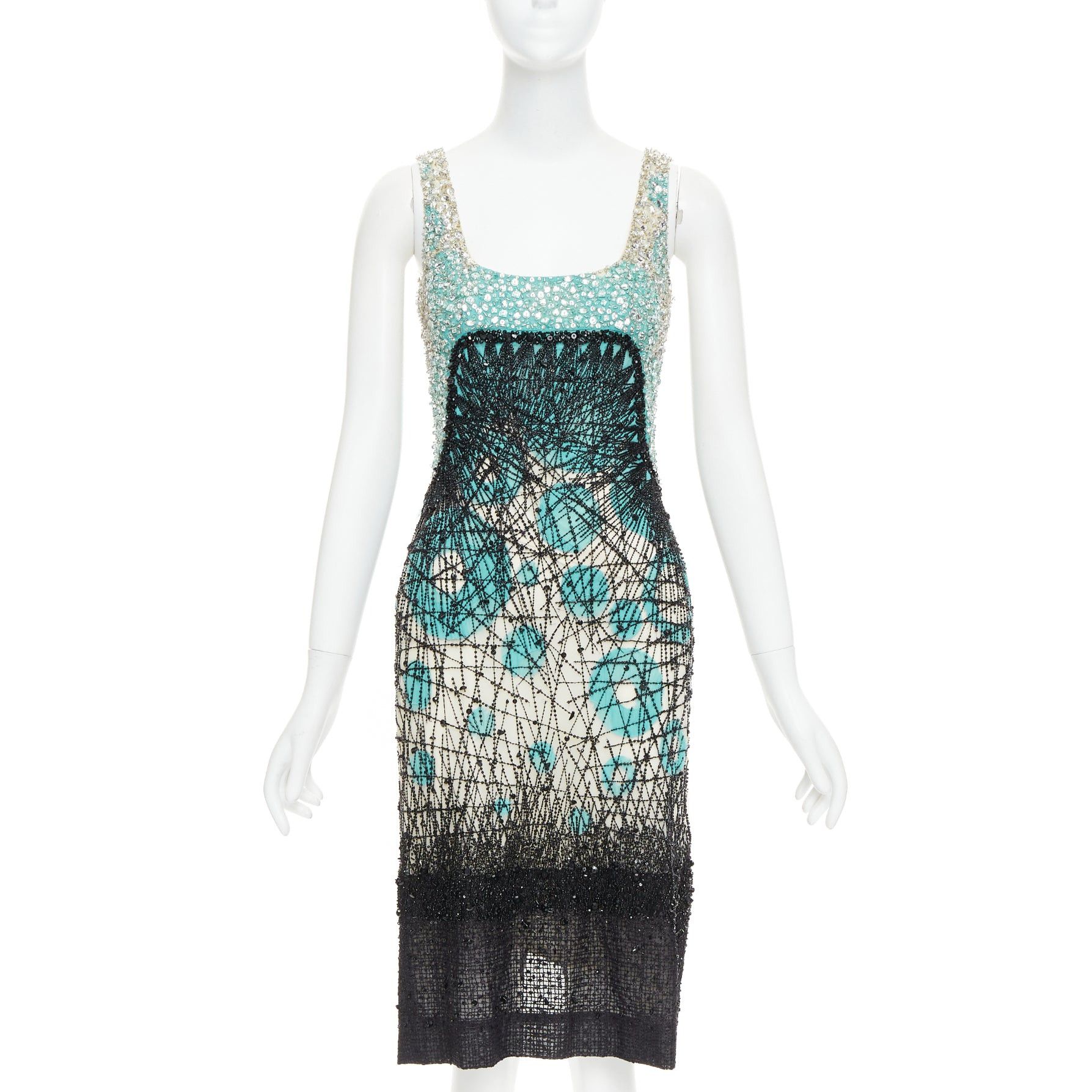 Carolina Herrera CAROLINA HERRERA teal green cream black silk fully beaded crystal dress US2 S Size S / US 4 / IT 40 - 1 Thumbnail