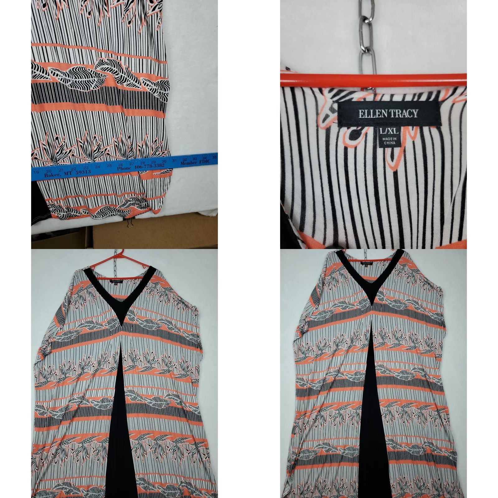 Ellen Tracy Ellen Tracy Women's Dress A-Line Maxi Kaftan V-Neck Cap Sleeve Multicolor Stripes & Floral Casual Formal L XL Coral Black Size L / US 10 / IT 46 - 8 Thumbnail