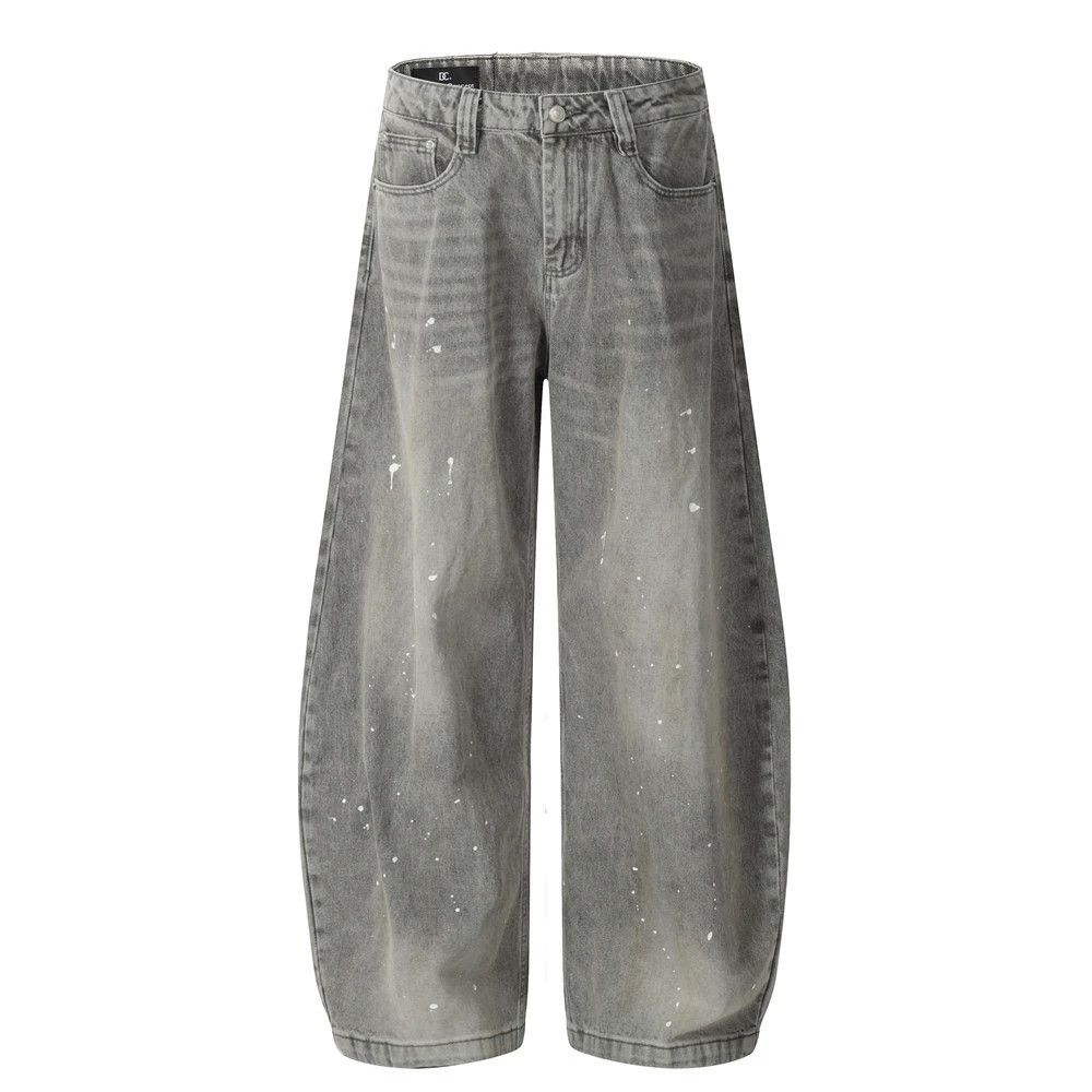 Men's loose distressed high street ink-washed scimitar jeans