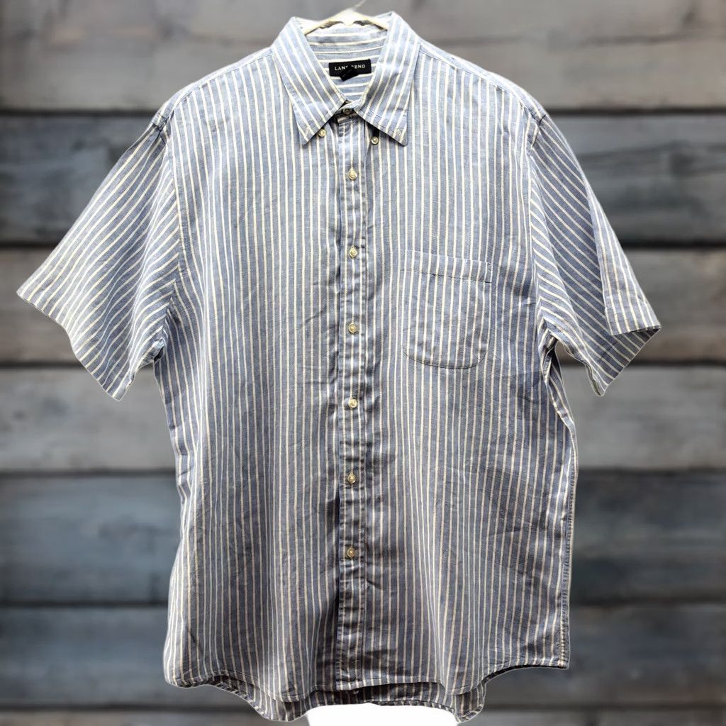 Lands' End Lands' End Short Sleeve Shirt Mens L Blue White Stripe Button-Down 100% Linen Size US L / EU 52-54 / 3 - 1 Thumbnail