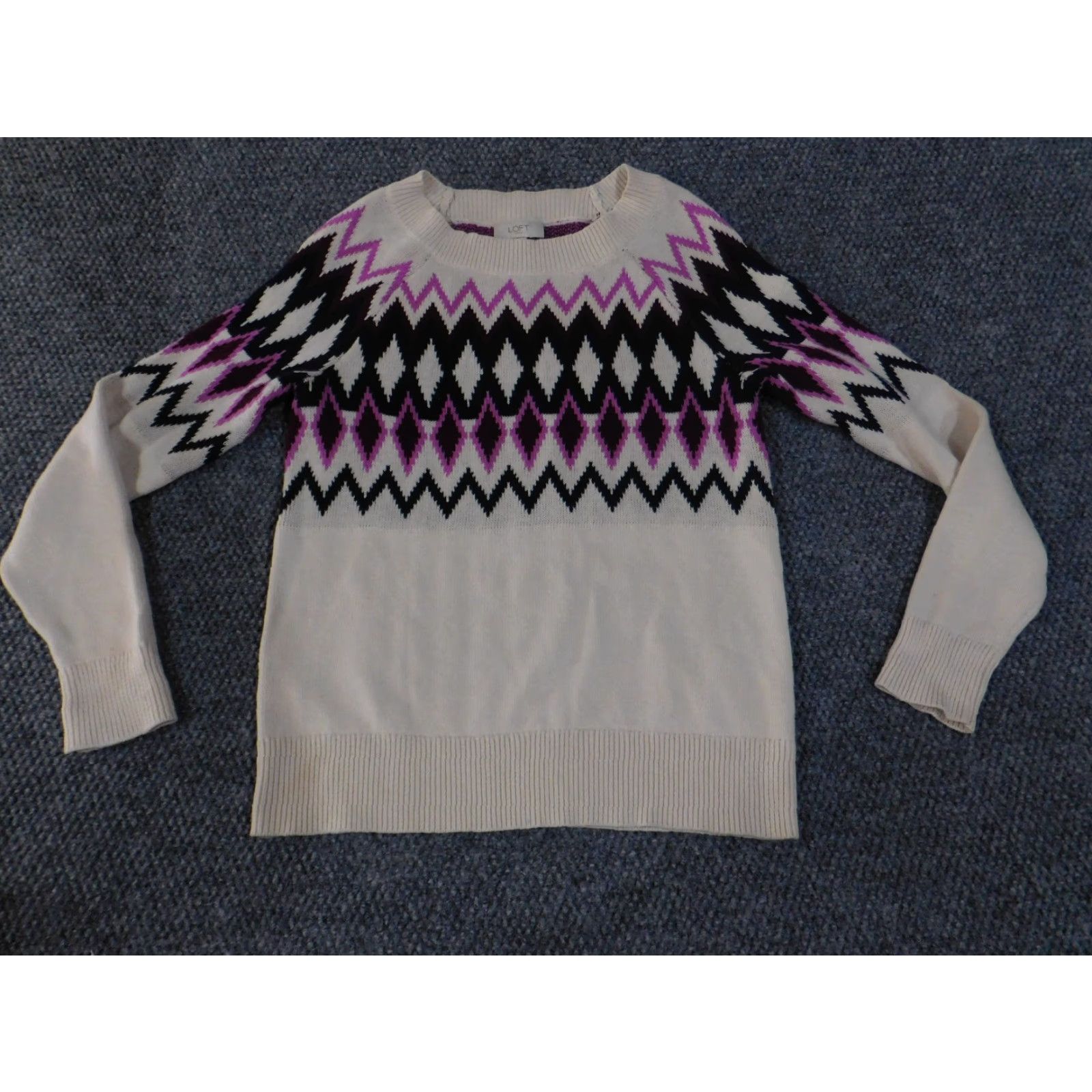 Loft LOFT Sweater Womens XS Cream Purple Black Geometric Knit Pullover Brushed Knit Crew Neck Pullover Casual Regular Size XS Womens Size XS / US 0-2 / IT 36-38 - 2 Thumbnail