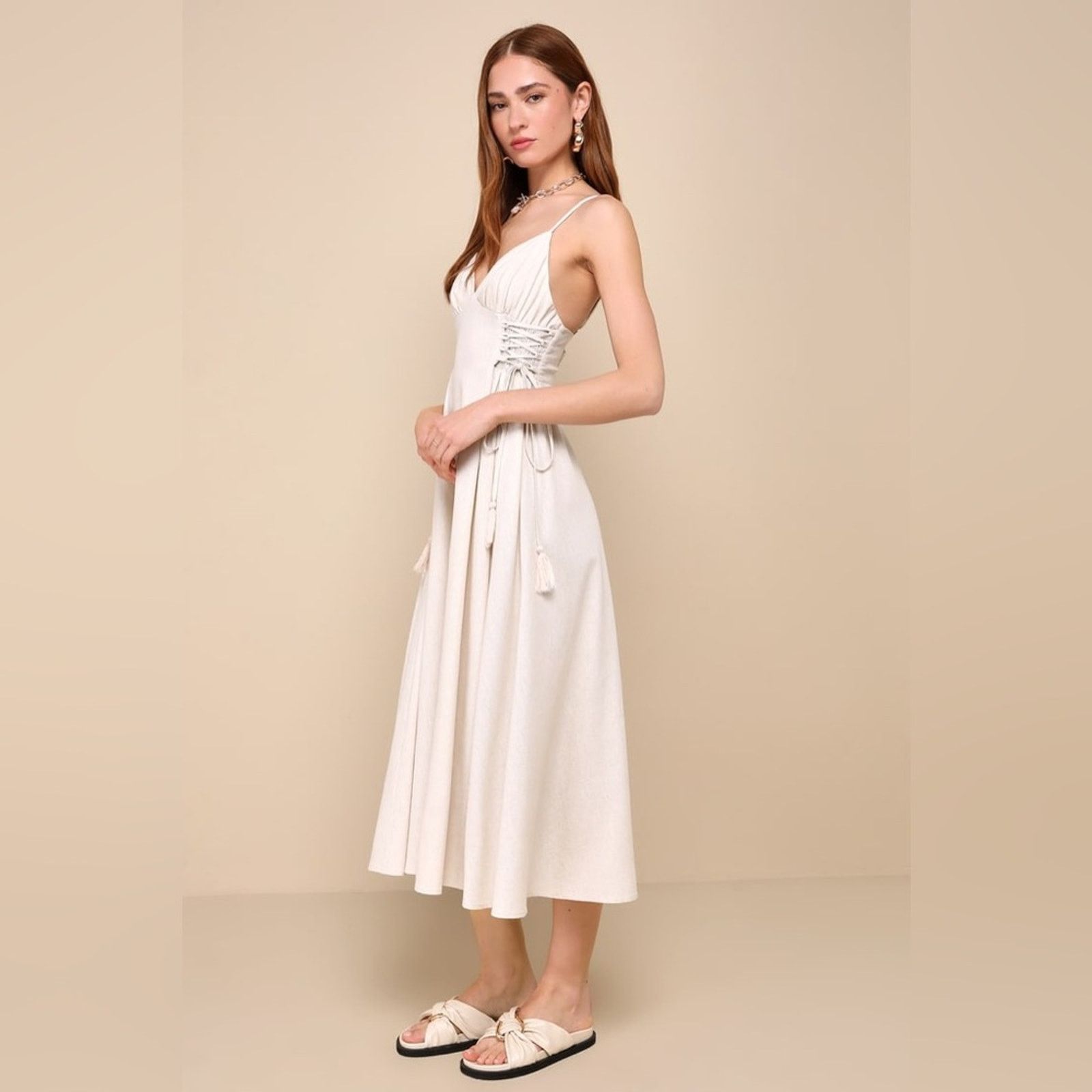 For Love & Lemons Lulus Endlessly Breezy Linen Smocked Lace-Up Midi Dress-#096 Size M / US 6-8 / IT 42-44 - 2 Thumbnail