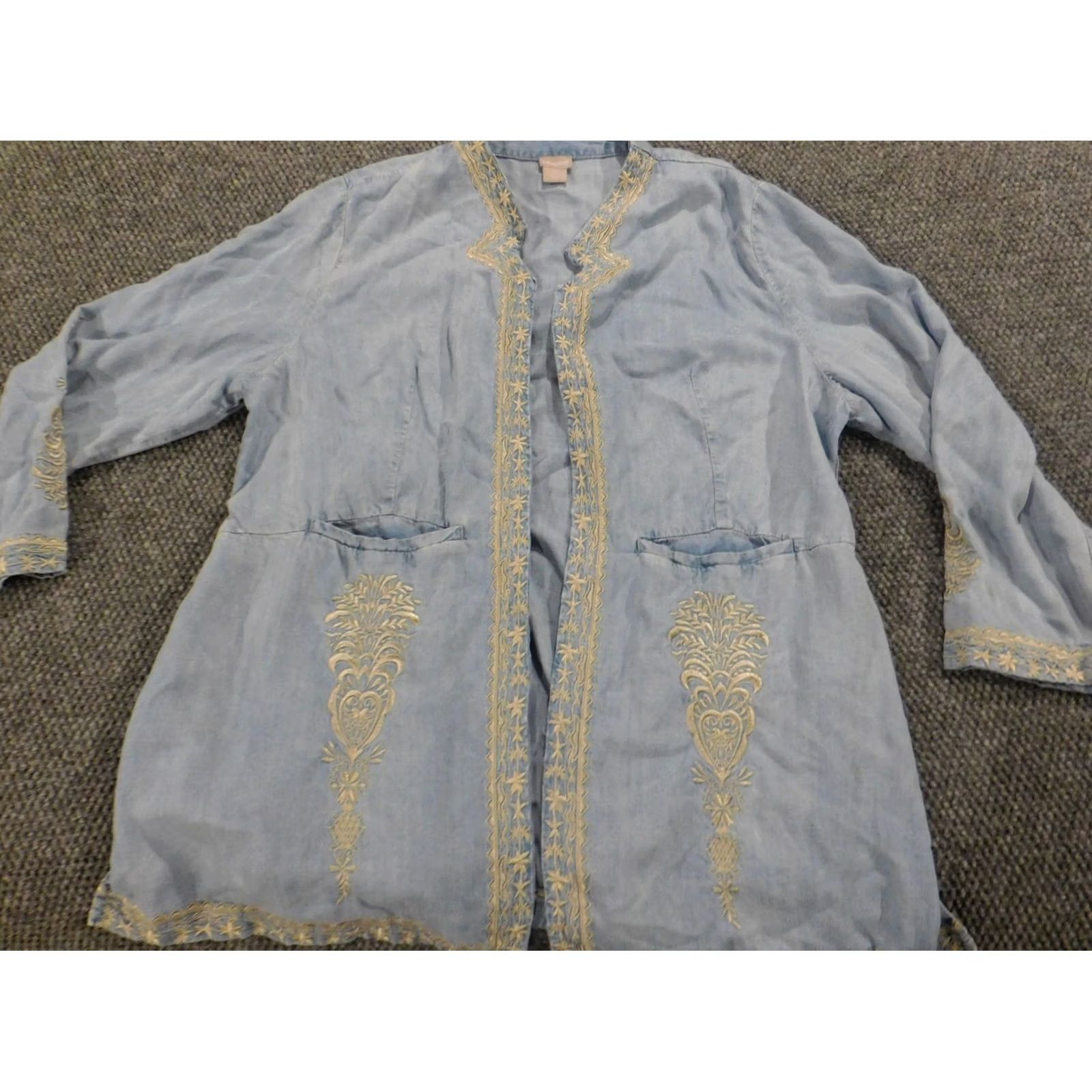 Vintage Chicos Womens Denim Kimono Blouse Open Crew Neck Long Sleeve Blue 3 Regular Cotton Denim Size XS / US 0-2 / IT 36-38 - 2 Thumbnail