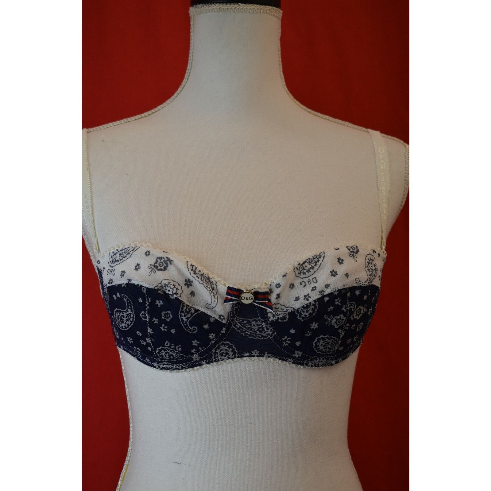 DOLCE & GABBANA BLUE WHITE PAISLEY BOW LOGO SEMI PAD BRA 34C